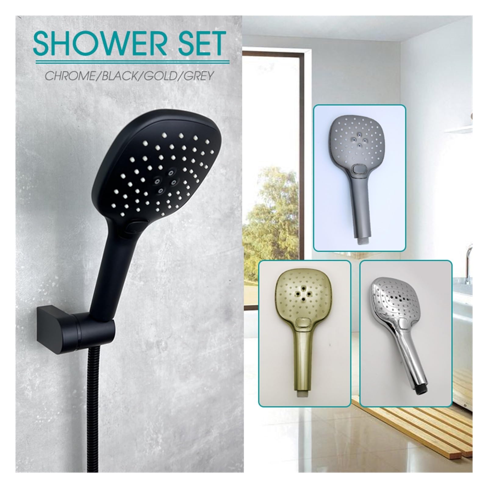 Juego de ducha de mano gris de 3 funciones Soporte de soporte de ducha ajustable de plástico ABS Manguera de 1,5 m Cromo/Negro/Oro (Color: BK Set) Beauty Comes