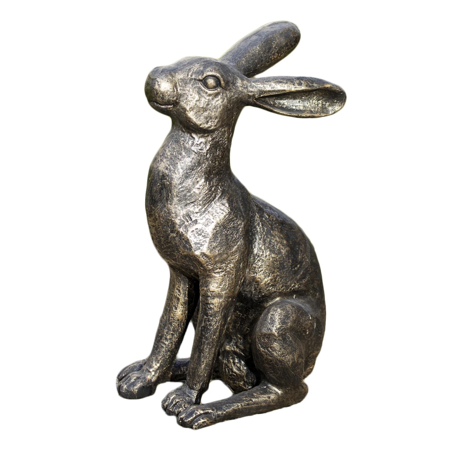 Darthome Aged Gold Alert Hare Garden Ornament, Resin, Large, Freestanding, Indoor and Outdoor Sculpture, W21cm x H36cm x D17cm