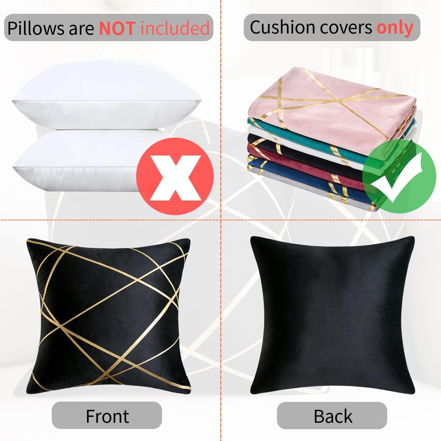 Black Velvet Decorative Throw Pillow Covers 18x18 Modern Luxury Bronzing Printed Pillowcase Black and Gold Throw Pillows Soft Cushion Cover for Sofa Couch Bed Living Room Car Home Decor - Image 8