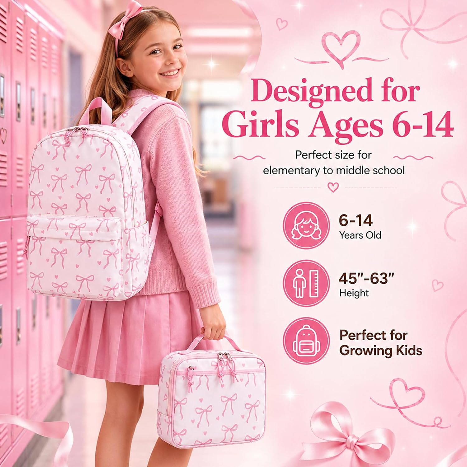 LEDAOU Girls Backpack with Lunch Box Set, 16 Inch School Backpack for Girls Ages 5-10, Cute Bow Kids Bookbag for Preschool Kindergarten Elementary, Water Resistant School Bag