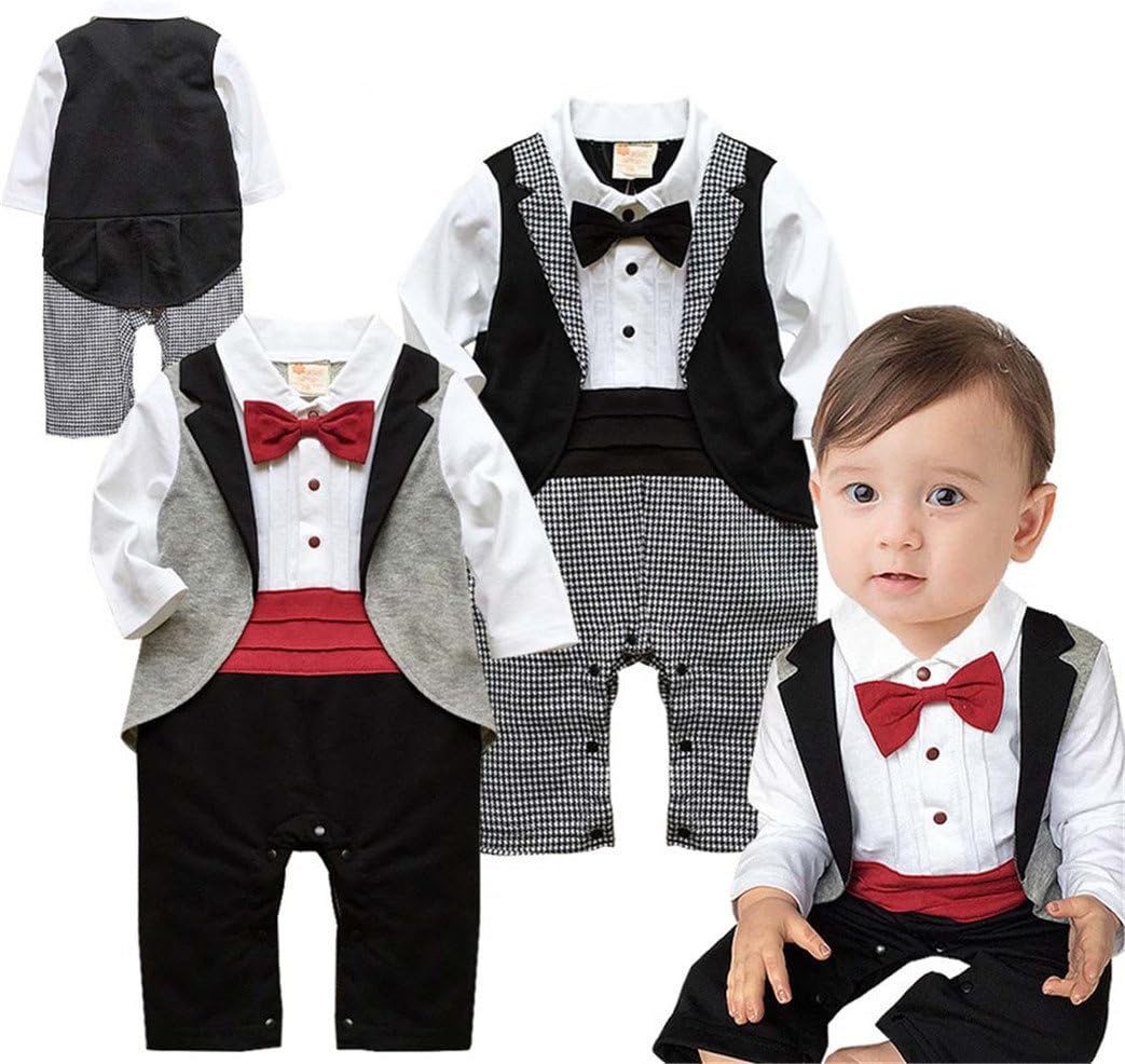 Angelchild Baby Boys Tuxedo Gentleman Onesie Romper Jumpsuit Formal Wedding Suit Red 90,Tag 90CM(9-12Months),Red