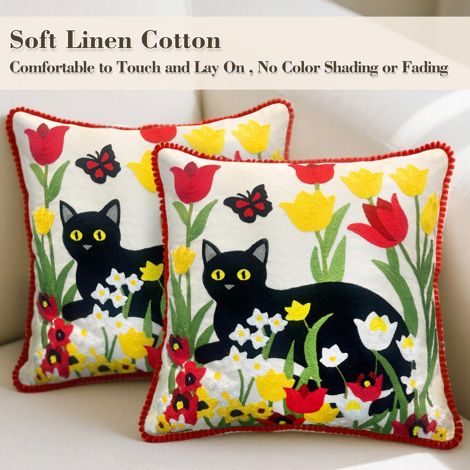 Embroidered Decorative Throw Pillow Covers 18"x 18" Set of 2 ，Couch Square Pillowcases with Zipper for Living Room Couch Sofa Bed Flower Cats Linen Cotton Halloween Throw Pillow Covers - Image 4
