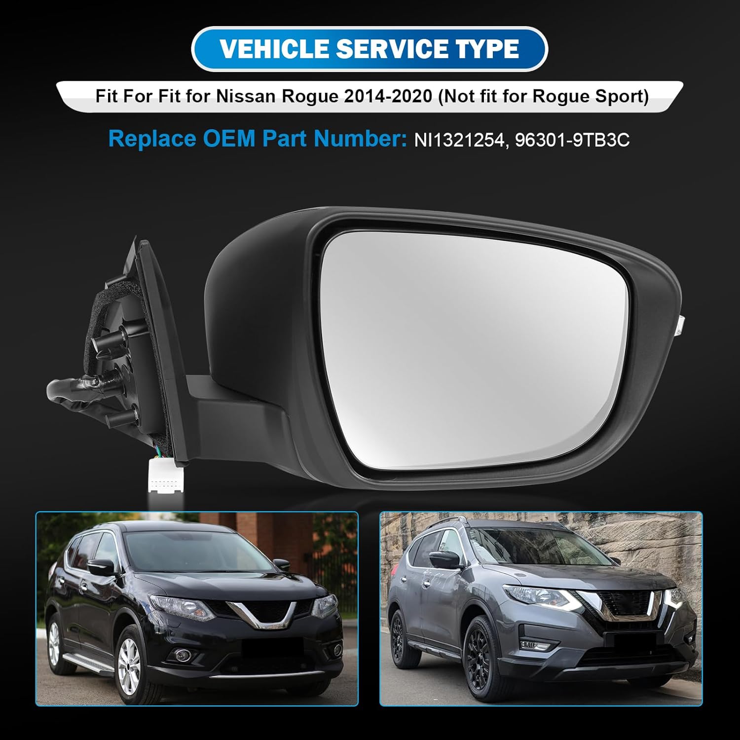 Right Passenger Side Mirror Fit for 2014-2020 Nissan Rogue (Not fit for Rogue Sport), Rear View Mirror with Power Glass/Heated/Turn Signal/Camera/Power Folding/Match Black Replace NI1321254 (13Pins)