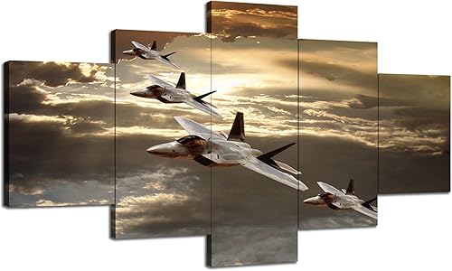 Imágenes de aviones militares estadounidenses F-22 Raptor, pinturas artísticas de pared para sala de estar, 5 piezas, arte de lienzo estirado
