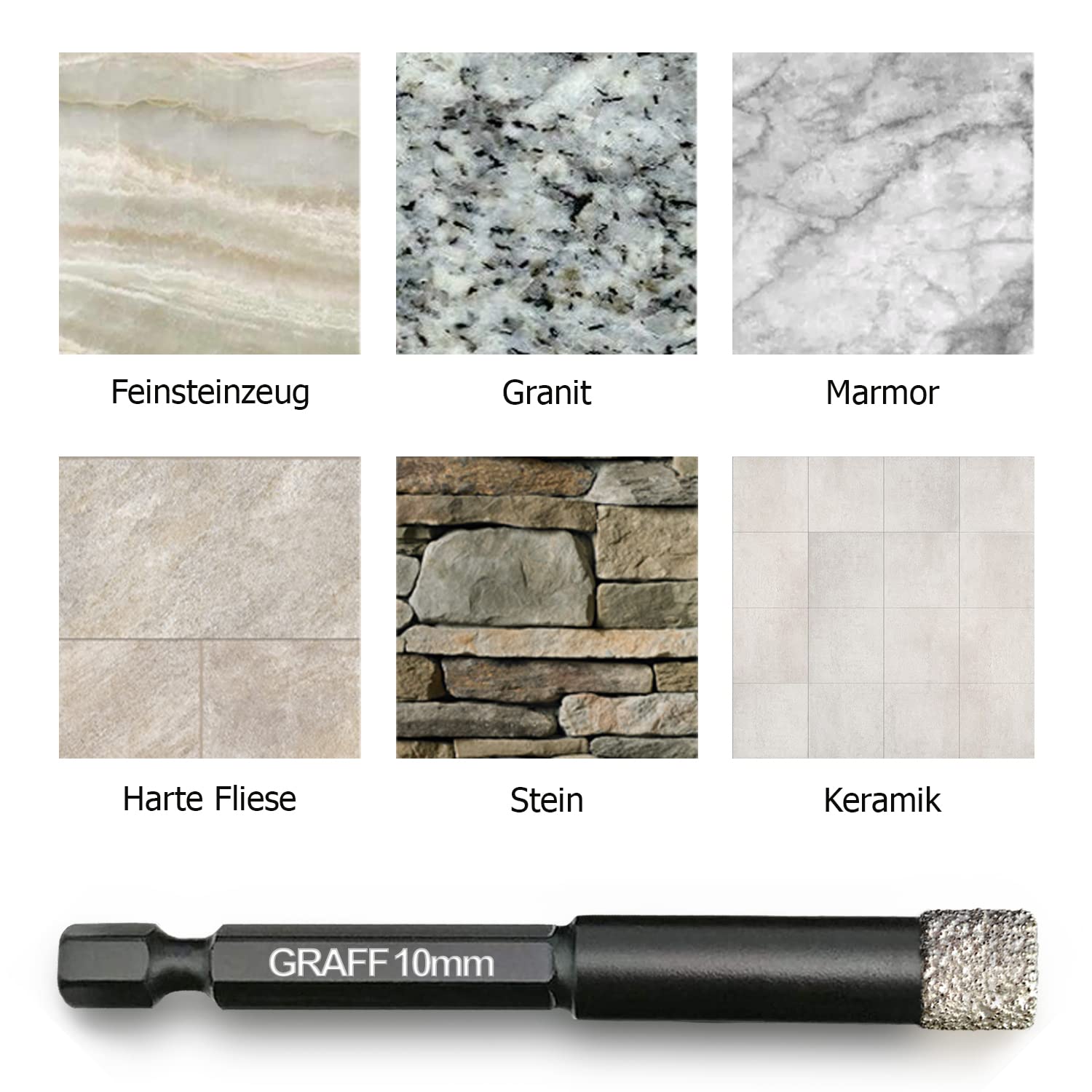 GRAFF Wiertło Diamentowe 10 mm do Porcelanowych, Twardego Płytek, Kamienia, Granitu, Ceramiczny - Profesjonalne Wiertło z Szybkozmiennym Trzonkiem Sześciokątnym E6.3