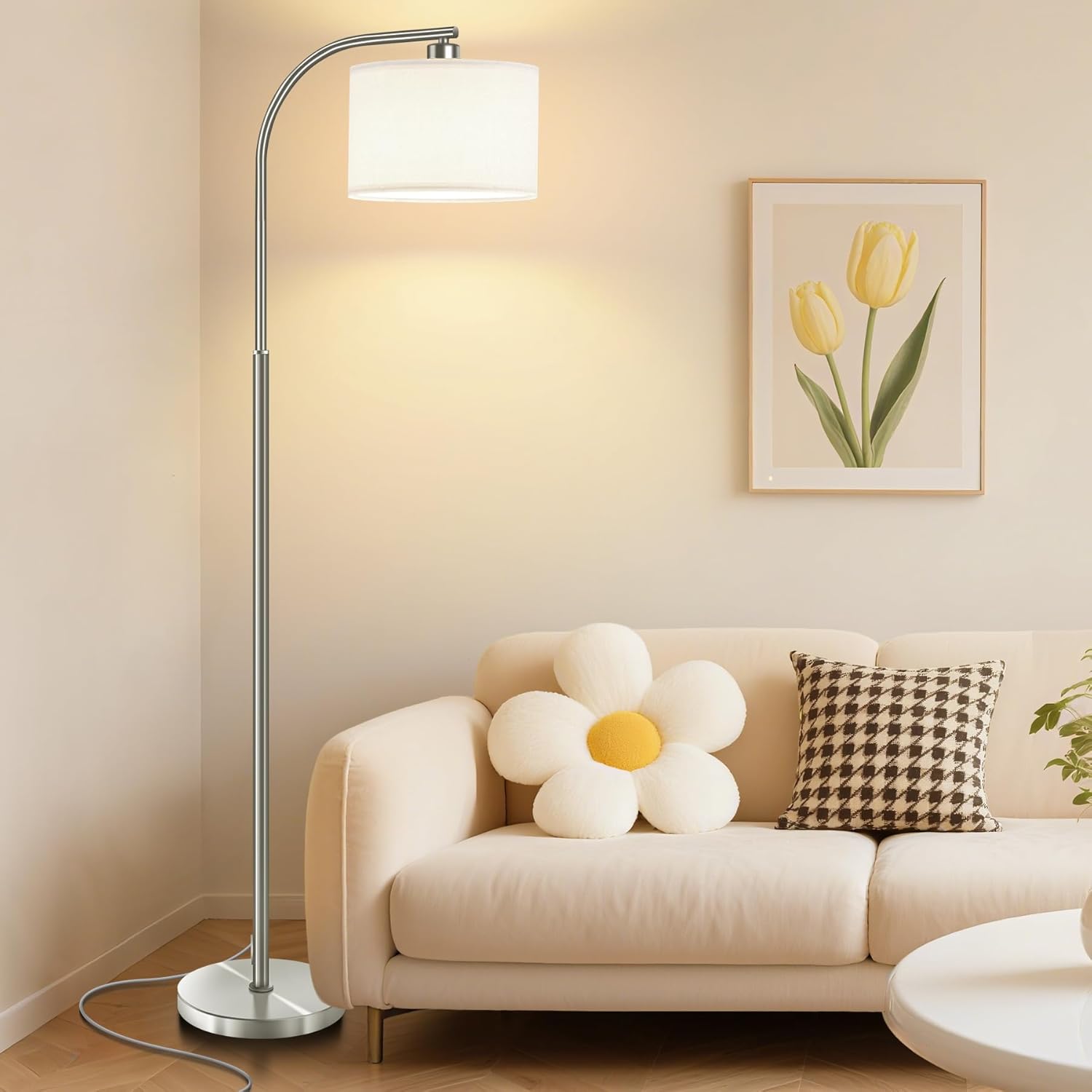 Floor Lamp for Living Room with Remote,Dimmable Standing Lamps,Modern Tall Floor Light with Smart RGB Bulb,App Control,3 Color Temperatures,Fabric Shades,Silver Floor Lamp for Bedroom Corner
