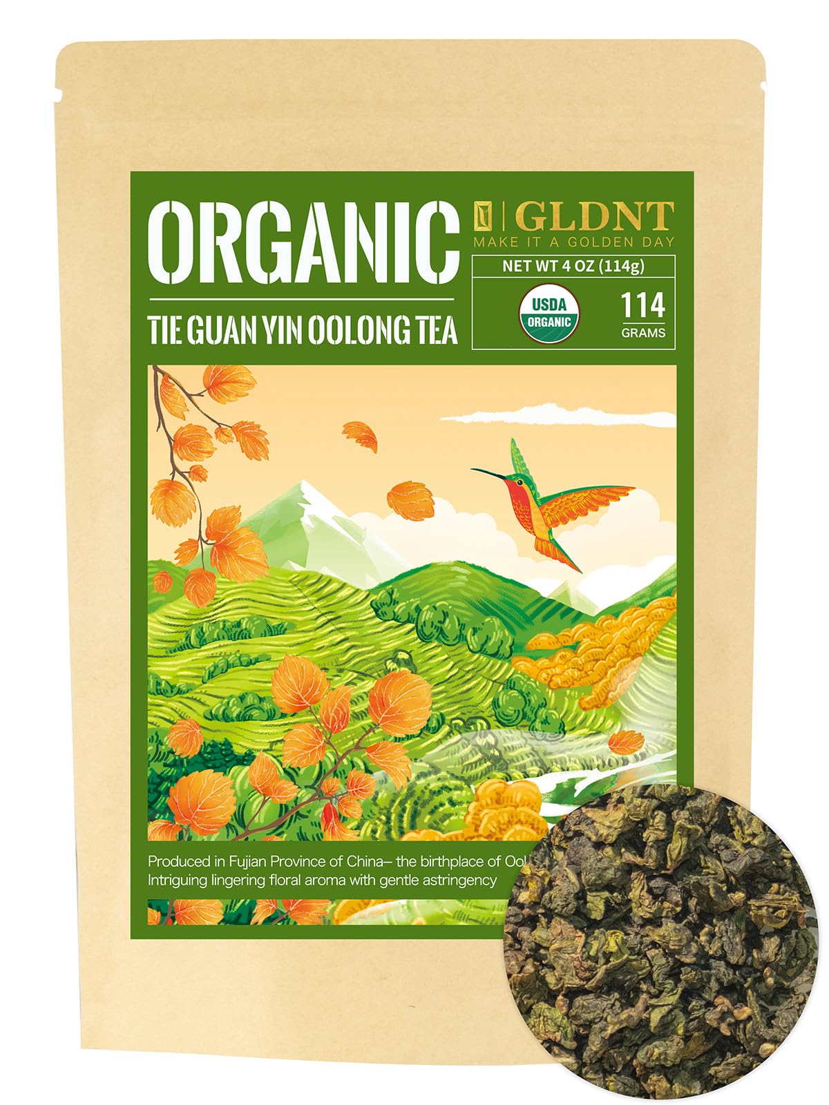 GLDNT Organic Oolong Tea Loose Leaf, Anxi Tie Guan Yin, High Mountain Iron Goddess of Mercy, Smooth Taste, 4oz