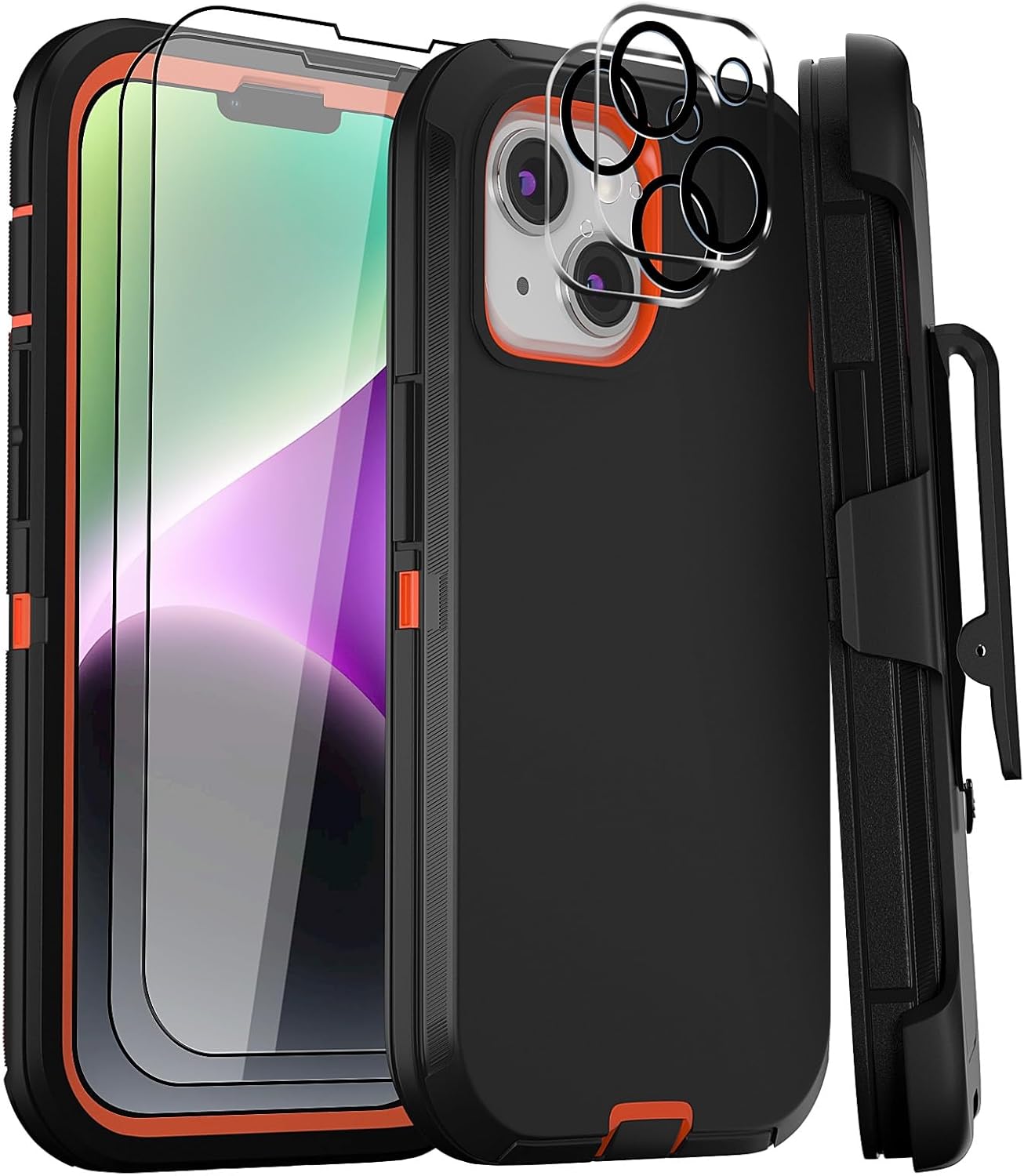 for iPhone 14 Pro Max Case 6.7" Belt-Clip Kickstand Holster with 2 Screen Protector + 2 Camera Lens Protector,Full Body Heavy Duty Military Grade Drop Protection Cover (Black Green+Clip)