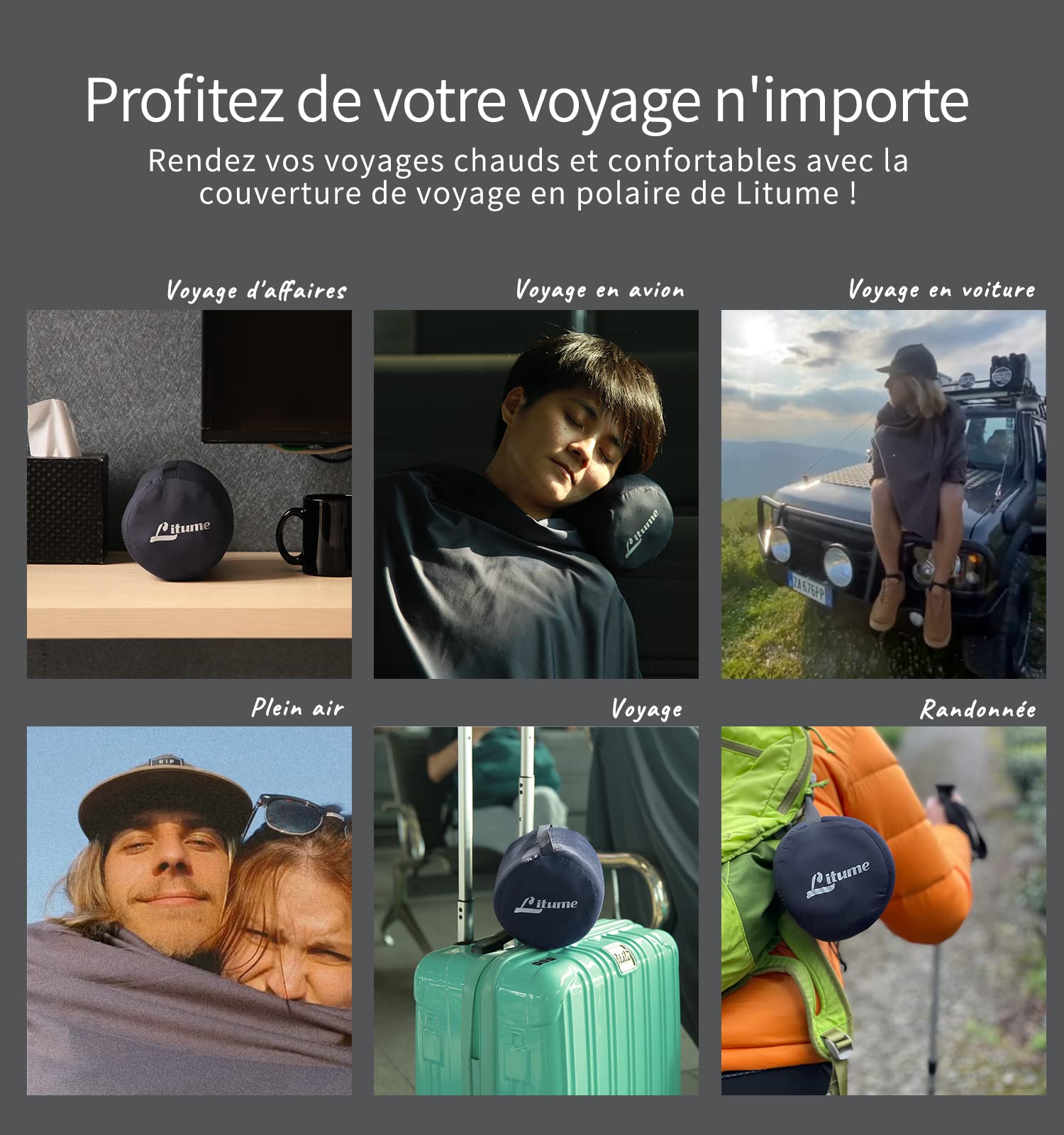Litume Couverture de Voyage légère et Respirante, Couverture d'avion Souple 170 x 122 cm pour Les Voyageurs, Drap de Camping Pliable avec Sac de Rangement pour Train, Camp, Voyage(Gris Foncé)