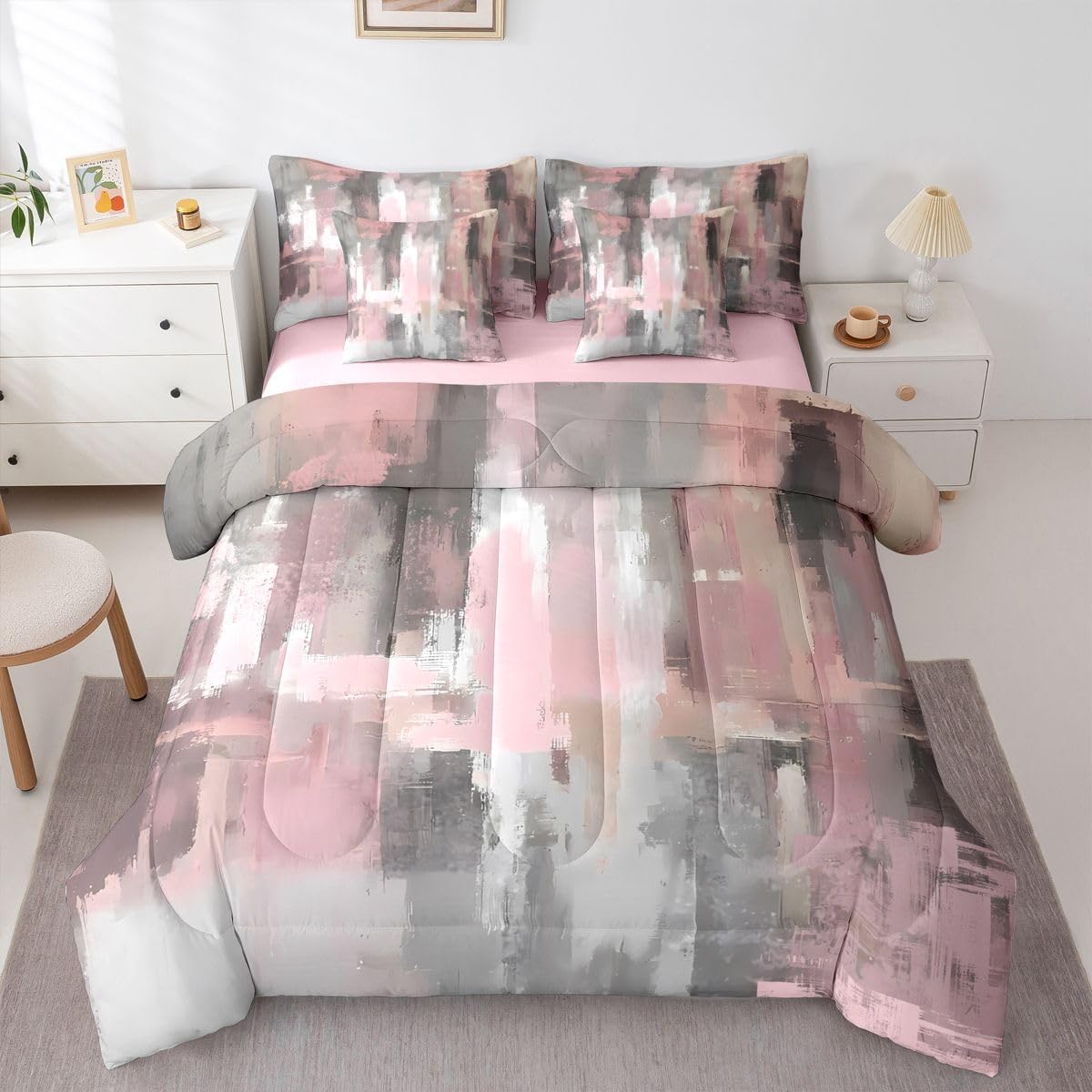 Feelyou Burnt Orange Comforter Set with Sheets 7 Piece Queen Size Abstract Rust Art Bedding Set for Kids Boys Girls Geometric Modern Chic Bed in a Bag Farmhouse Room Decor Soft Lightweight Microfiber