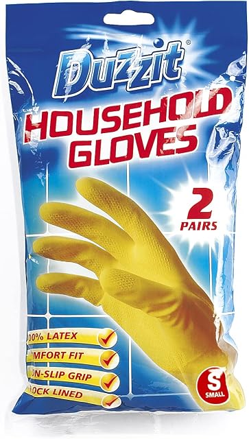 DUZZIT Household Gloves 100% Latex Comfort Fit Lined Pack of 2 Size Small, Yellow, DZT1025A-48