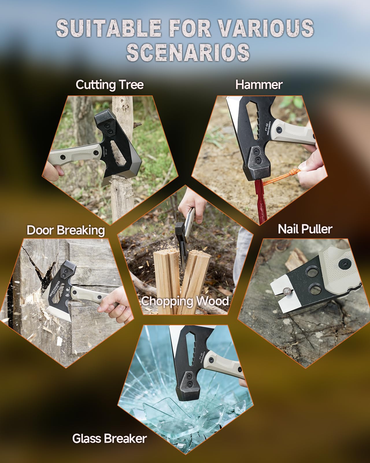 HX OUTDOORS Ascia Multifunzionale, Ascia Tattica da Sopravvivenza e Campeggio con Impugnatura G10, Lama in Acciaio Inox, Accetta da Bushcraft con Martello, Inserti Esagonali e Estrattore di Chiodi