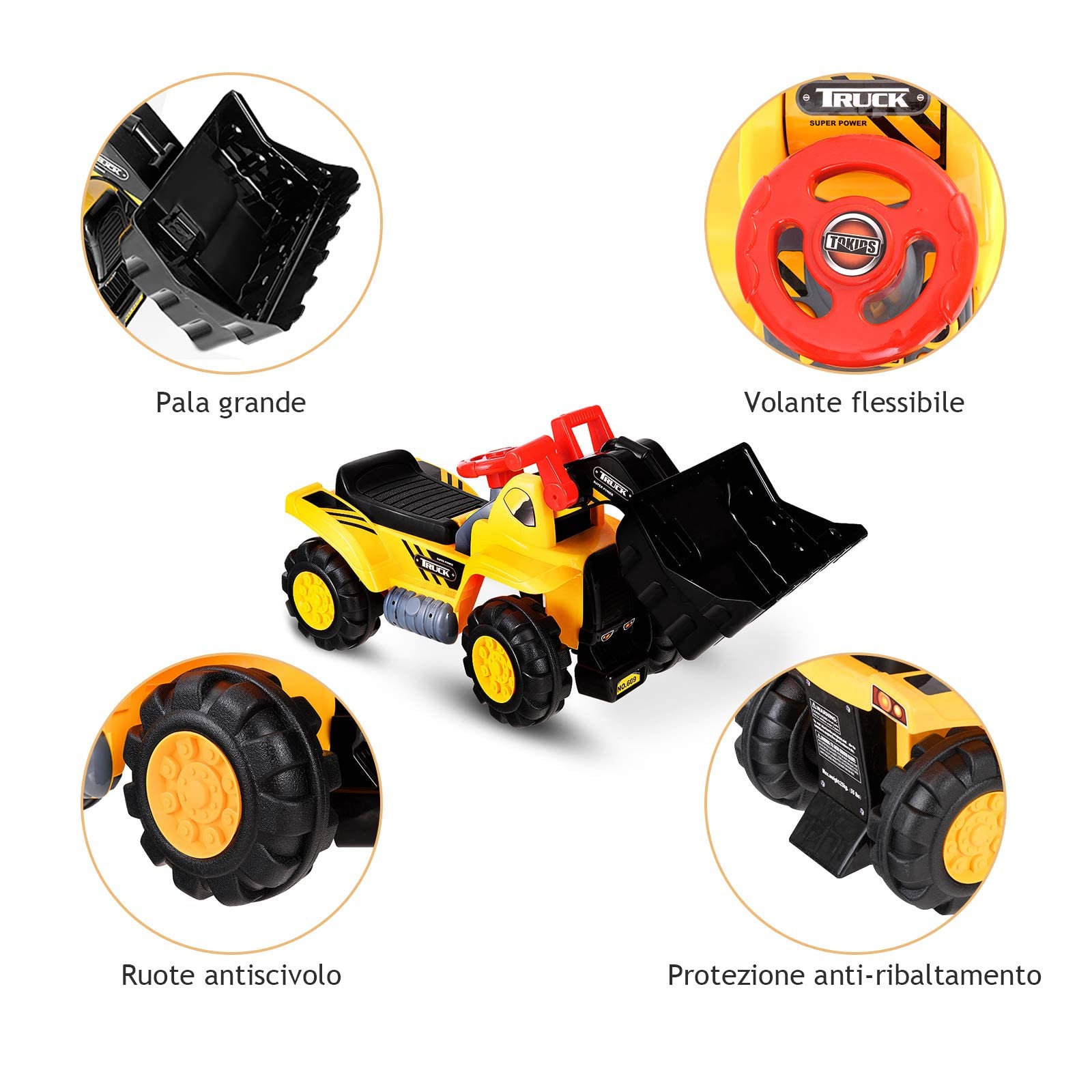 GYMAX Ruspa Cavalcabile Giocattolo per Bambini più di 3 Anni, Escavatore con Spazio di Archiviazione sotto La Sedia, Giallo, 85x45x30 cm