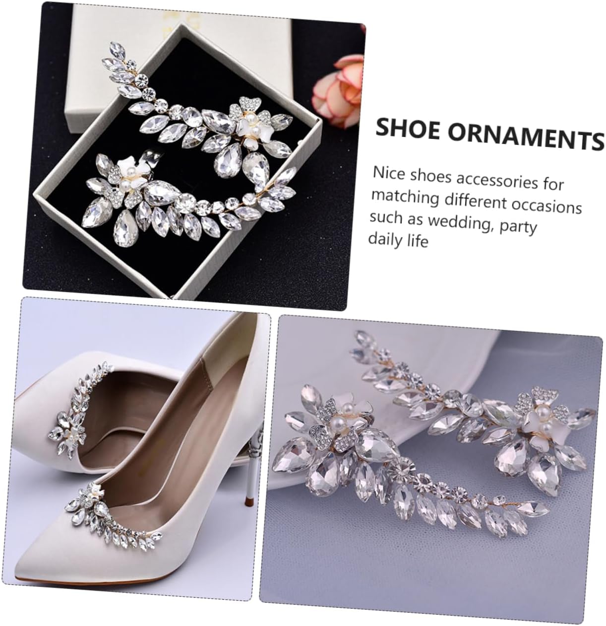 NOLITOY Detachable Bridal Shoe Buckles with Rhinestone Flower Design Sparkling Wedding Shoe Ornaments for Women Easy Clip Decorative Buttons for Heels and Sneakers