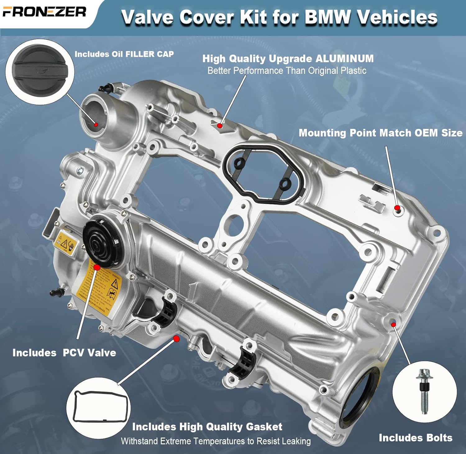 Upgrade Aluminum N20 Engine Valve Cover Kit with Gasket, Bolts & Oil Filler Cap Compatible with 2012-2018 BMW 228i 320i 328i 328i GT xDrive 428i 528i X1 X3 X4 X5 Z4 L4 2.0L Part# 11127588412 264-517