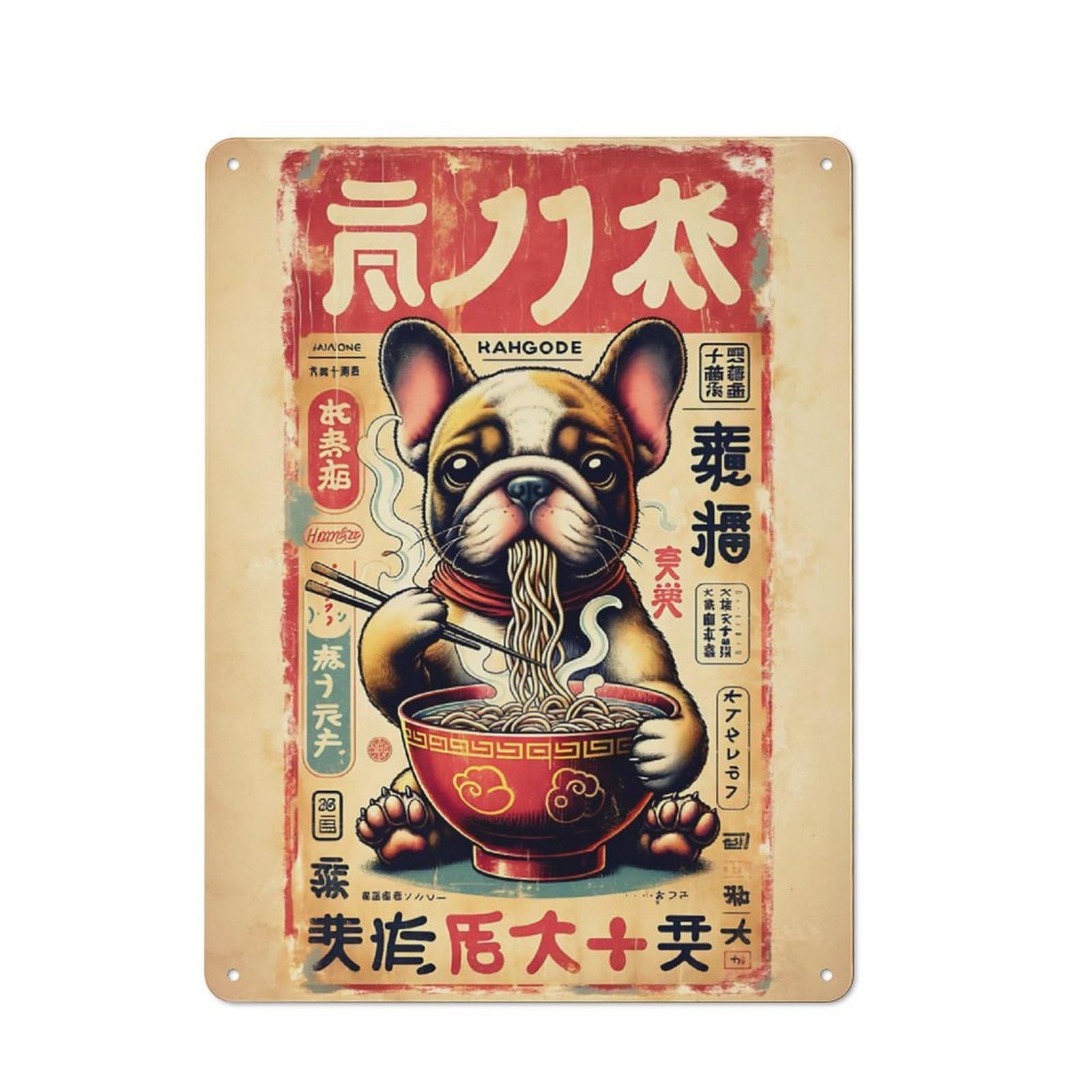 Junmoney Dog Eating Ramen Japanese Poster Style Vintage Retro Metal Sign 40X30cm, Vintage Wall Decor For Kitchen, Hallway, Bar Or Small Cafe