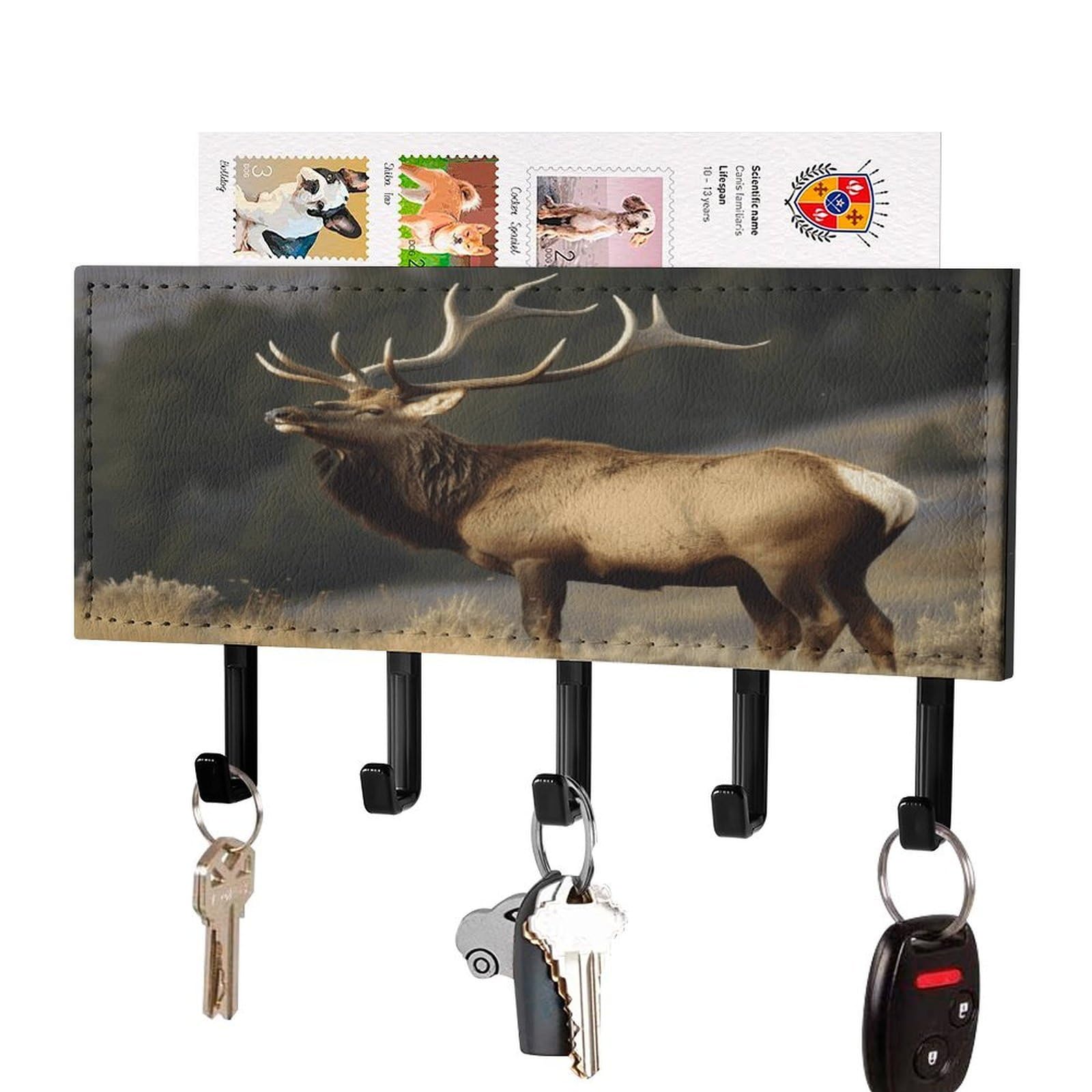Vstadank Black-Style Bull Elk Key Holder For Wall Key Holder Wall Mount Adhesive With Mail Organizer Tray Adhesive Metal Key Rack With 5 Hooks Hanger Pu Leather Key Hanger For Entryway