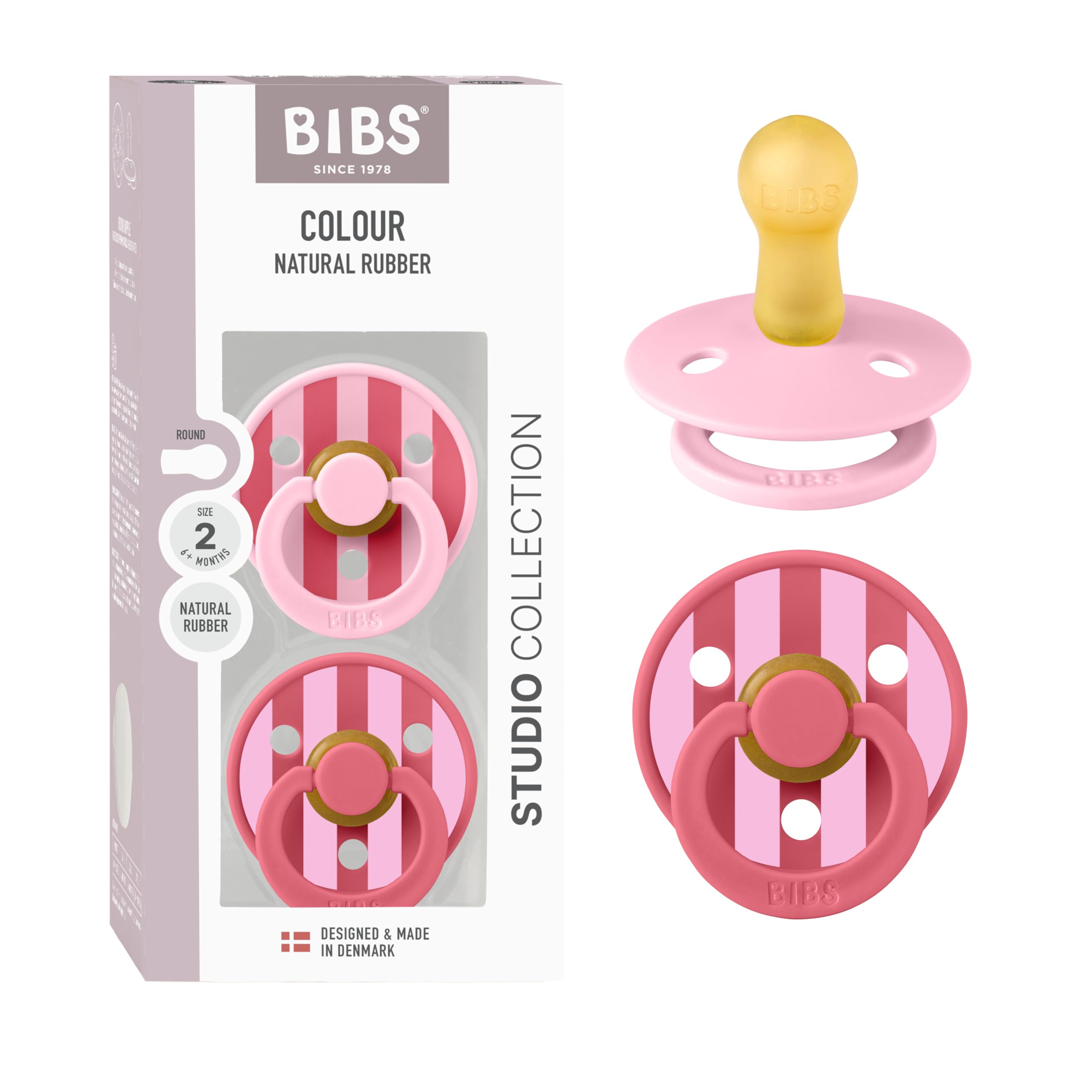 BIBS Pacifiers - Studio 2 Pack | Round Nipple Baby Pacifier | BPA Free Natural Rubber Latex Soother | Made in Denmark | Size 6+ Months | Block Baby Pink Coral