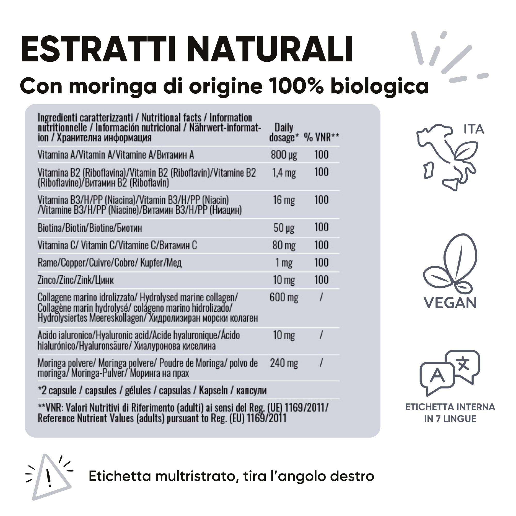 Collagene Marino Idrolizzato potenziato con Moringa BIO contro Radicali Liberi – Acido Ialuronico, Zinco, Biotina, Rame, Vit. A B2 B3 C – Integratore Pelle e Articolazioni – 60 Capsule | RedMoringa