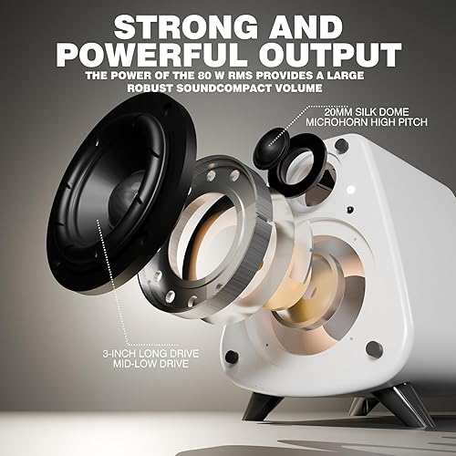 Miniatura 3 de AS31 - Altavoces activos para estantería Bluetooth 5.3, 2 vías de escritorio estéreo para PC de 80 W RMS/3 pulgadas de bajos/rango medio/RCA y