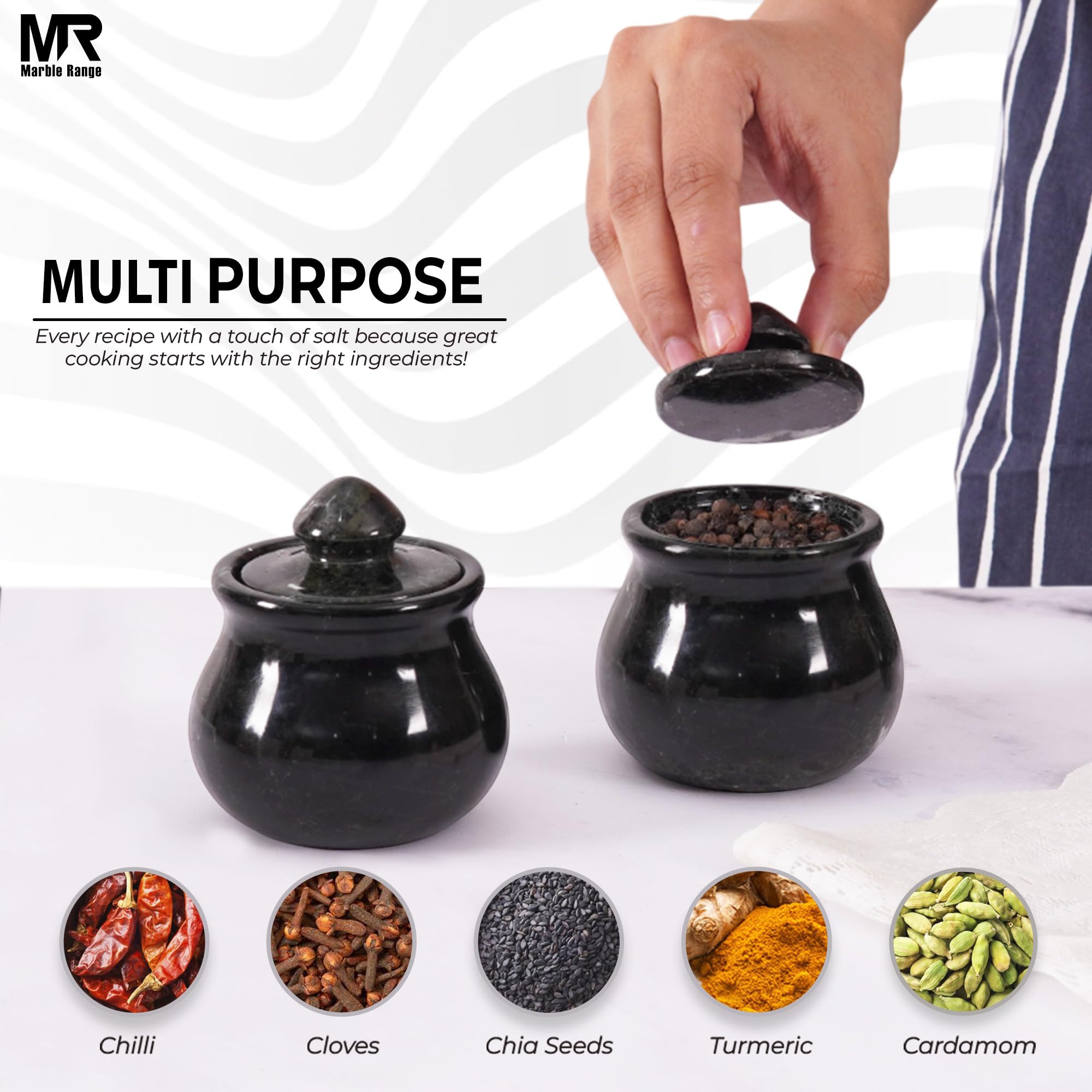 Salero de mármol con tapa de 3.5 pulgadas, color negro, hecho a mano, juego de 2, cuenco decorativo para sal y pimienta para encimera de cocina, especias, azúcar, hierbas y almacenamiento de