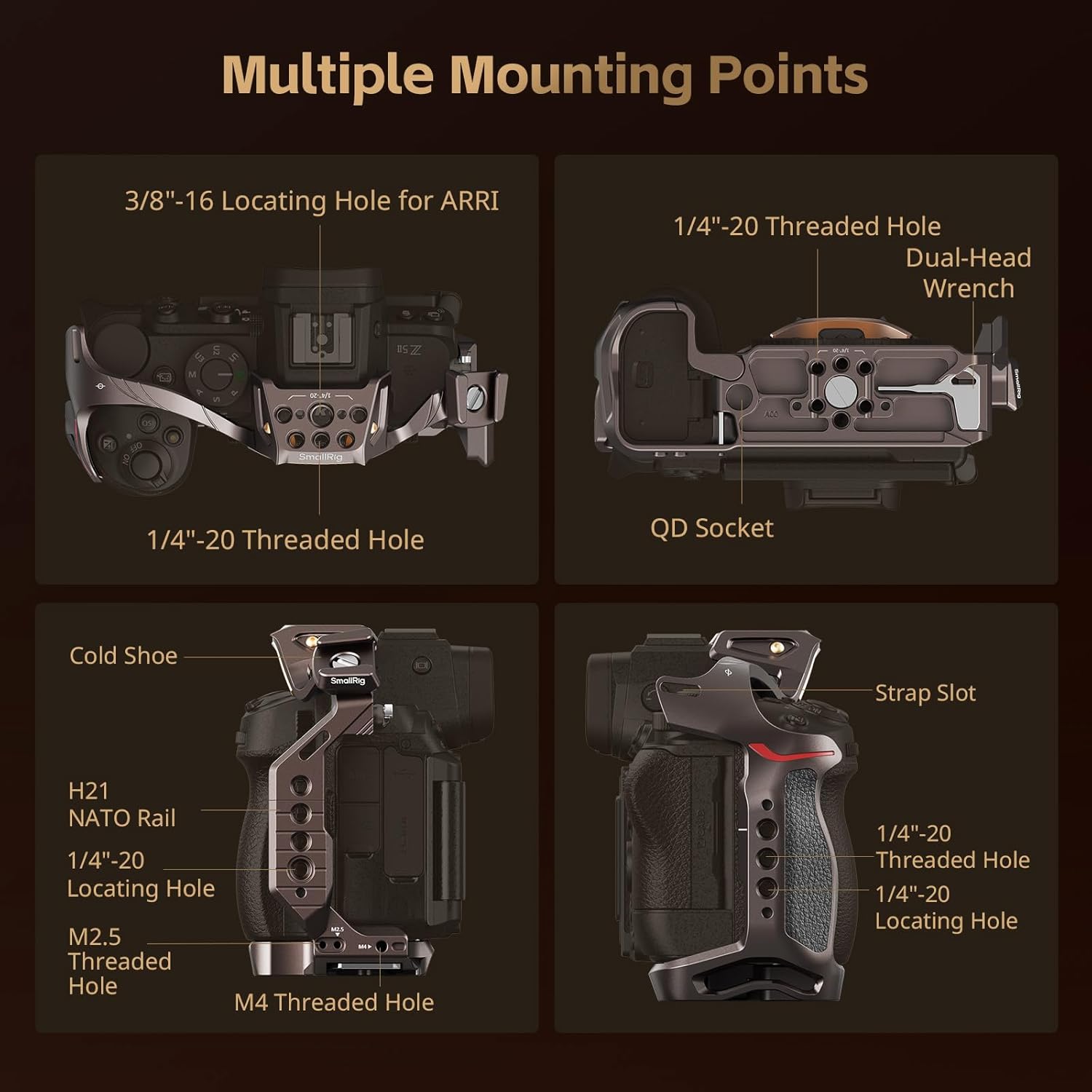 SmallRig Night Eagle Z5II Cage for Nikon Z5 / Z6 / Z6II / Z7 / Z7II，Aluminum Alloy Camera Full Cage with Cold Shoe and NATO Rail, Quick Release Plate for Arca - 5258