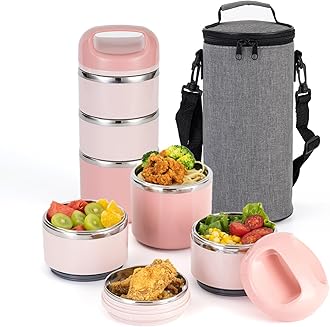 Lille Home Stainless Steel Lunch Box, Stackable 3 Layer Lunch Container for Adults 1.43L Leak Proof Lunch Box Insulated with Bag (Pink)
