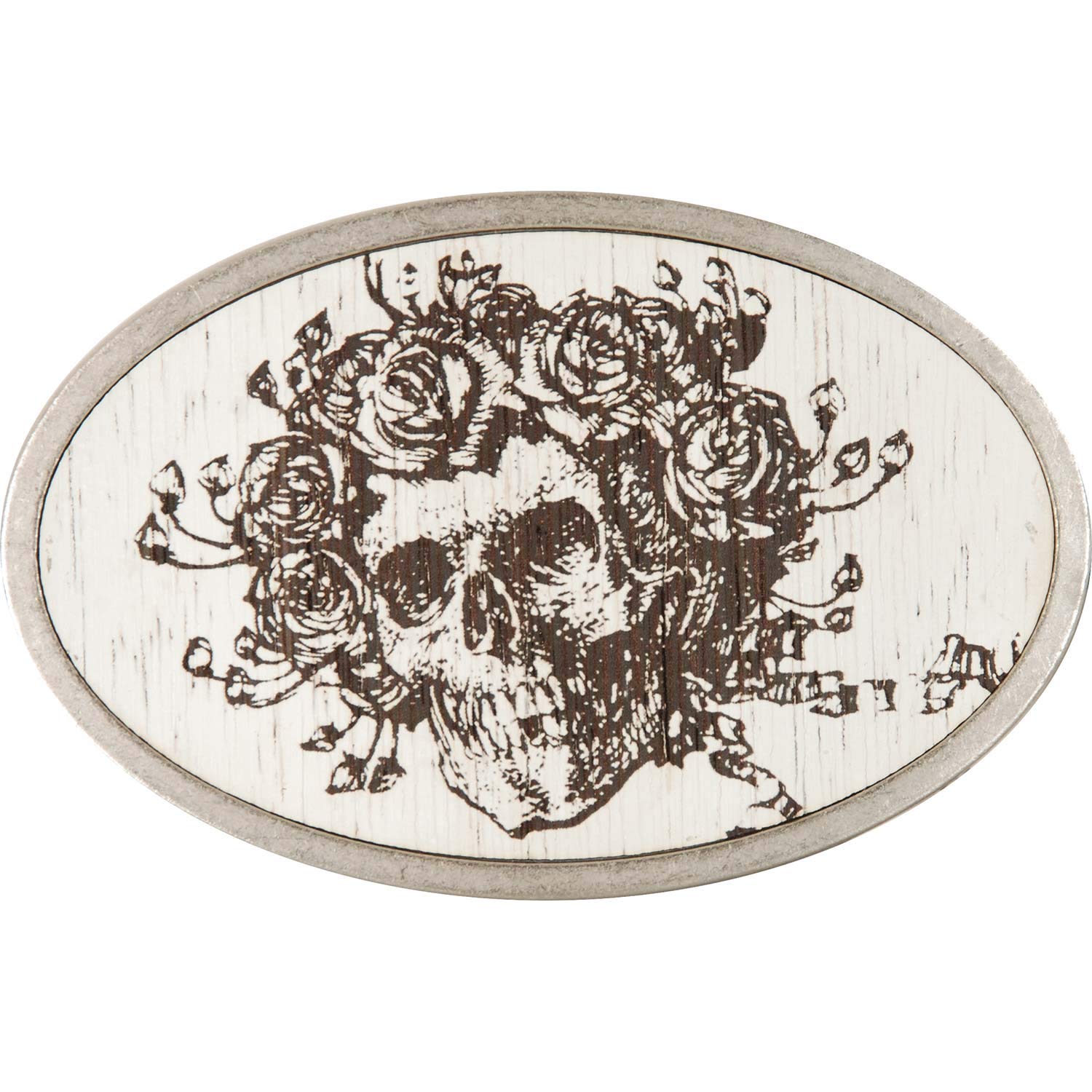 Belt Buckle Skull Roses Black Full Color Oval 4.25 Inches by 2.75 Inches