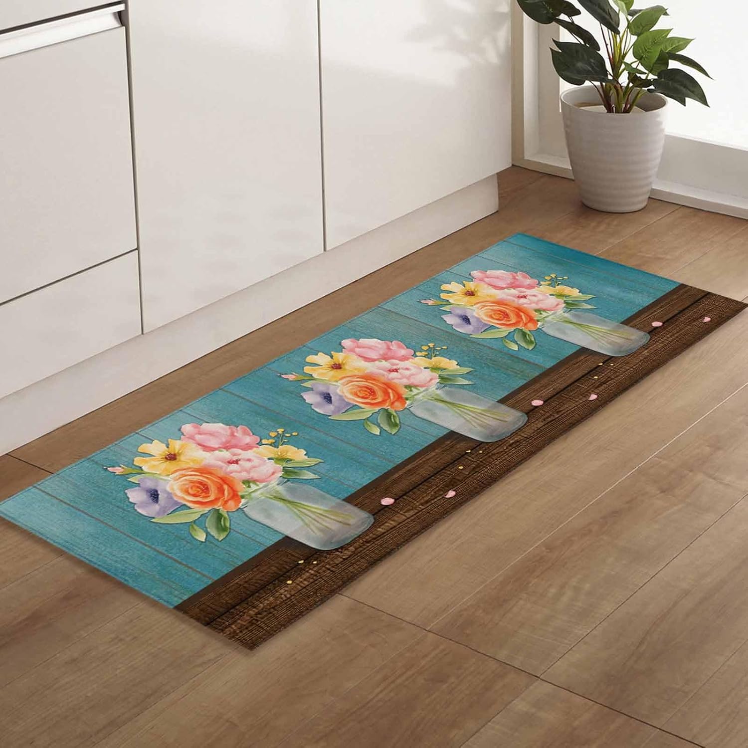 Kitchen Mats for Floor Watercolor Blossom Flower Vase Washable Non Slip Kitchen Rugs 1PCS, Farm Teal Brown Wood Grain Absorbent Standing Mats for Sink Bathroom Office Living Room 23.6x70.9in