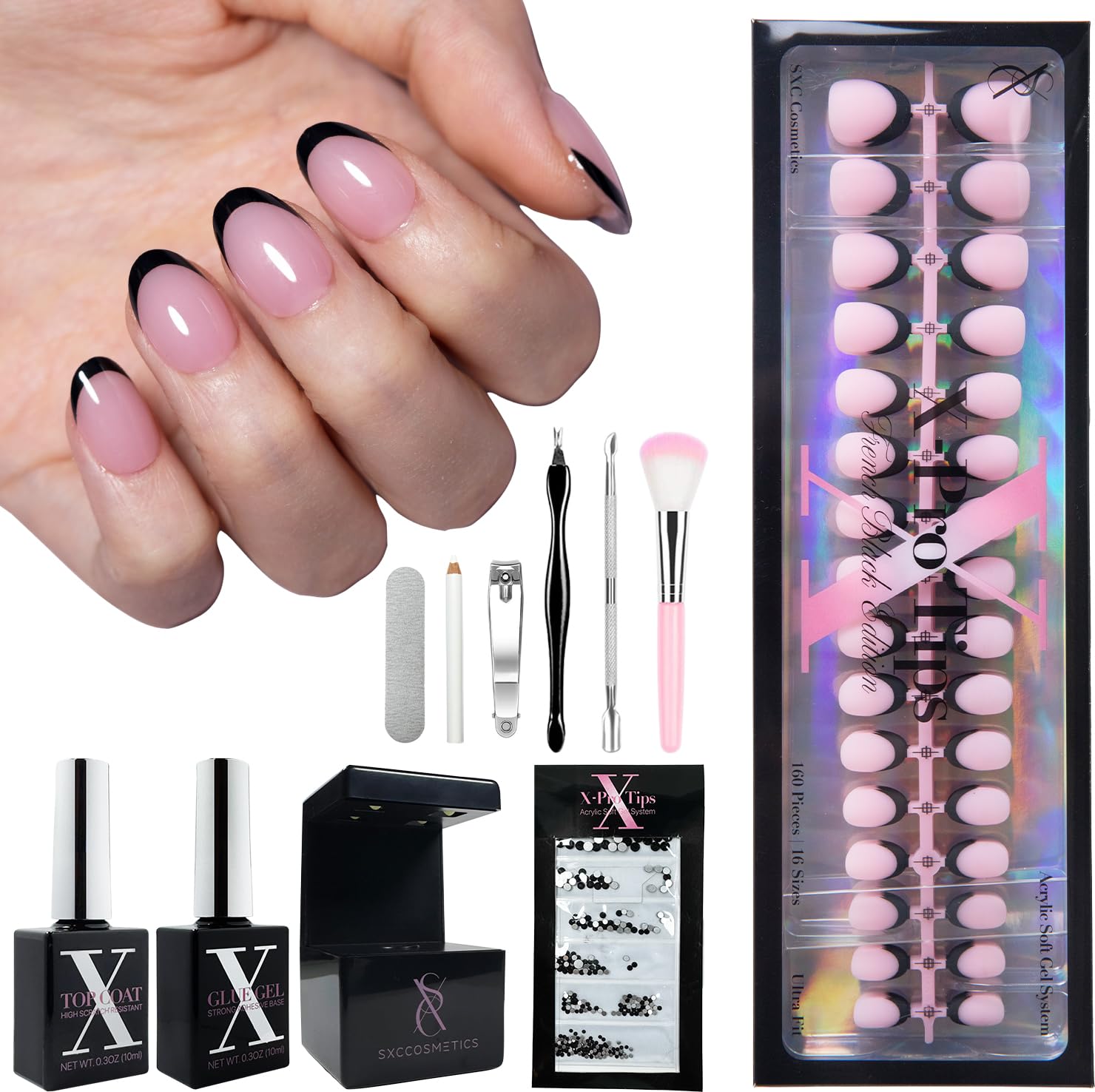 SXC Cosmetics French Tip Press On Nails – Black Series, Extra Short Almond, X-Pro Tips Starter Kit | 160PCS, 16 Sizes, 5 Styles, Beginner-Friendly