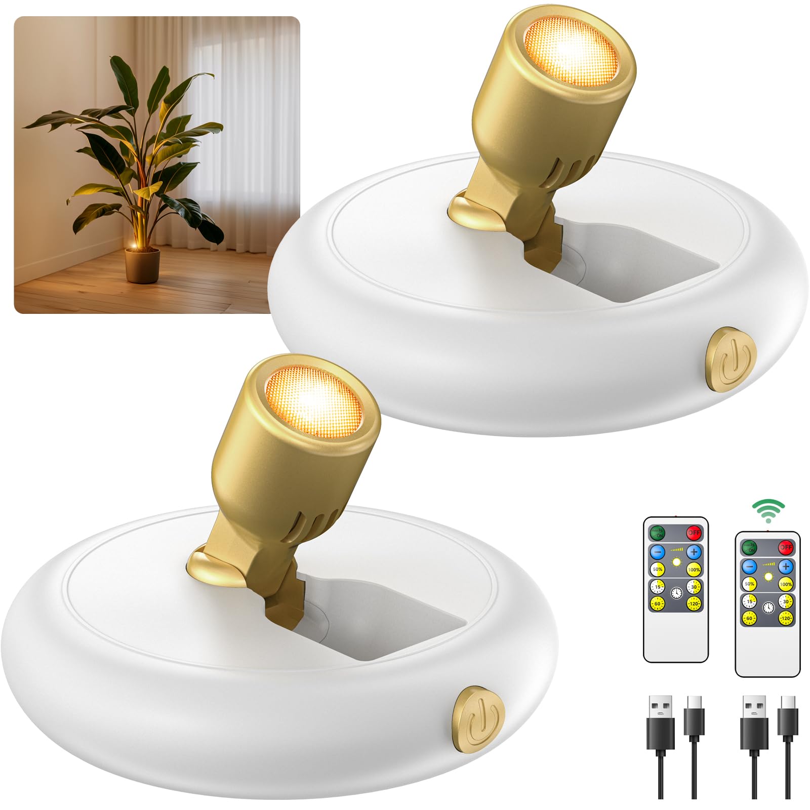 Rechargeable Battery LED Spotlight Indoor: Wireless Mini Art Accent Spot Lights with Timer Remote - Small Dimmable Uplight for Plants Display Painting Dartboard Artwork Portrait Closet (2 pack-white)