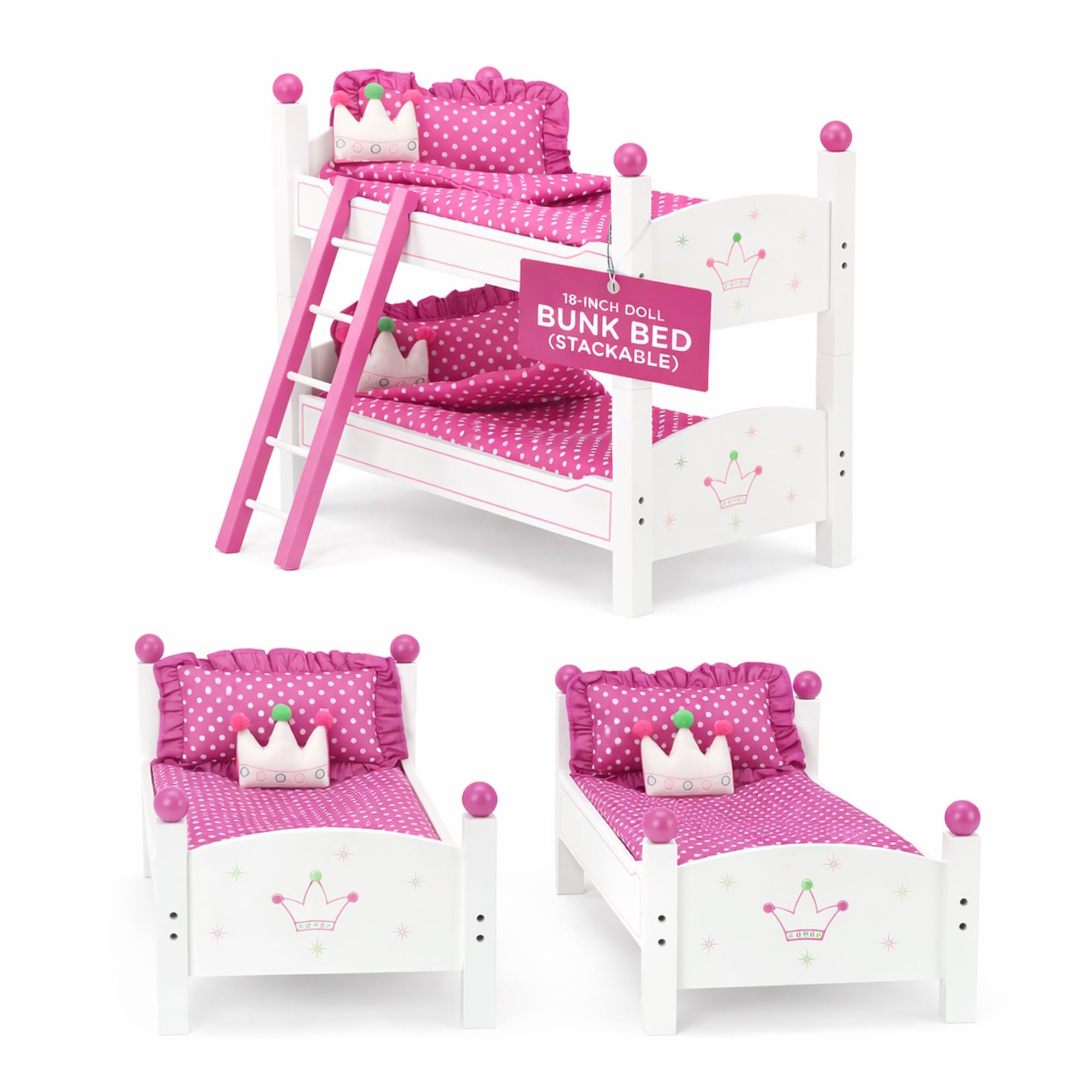 Emily Rose 18 Inch Doll Bunk Bed Set with Bedding & Ladder | Stackable Twin Beds for American Girl Dolls | Premium Wood Furniture Ages 5+