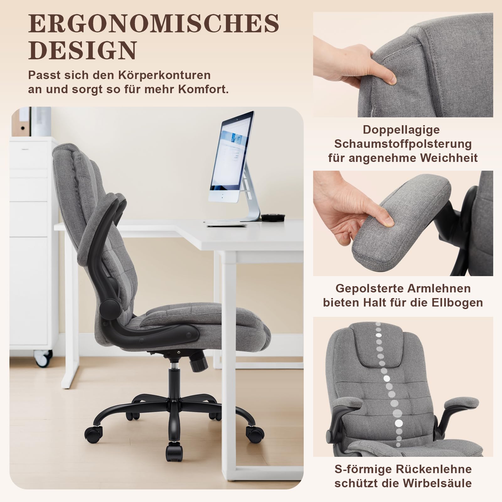 IWMH Ergonomischer Bürostuhl,Schreibtischstuhl mit Hochklappbaren Armlehnen | Chefsessel Stoff Hohe Rückenlehne Höhenverstellbar für Home Office & Büro (Grau)
