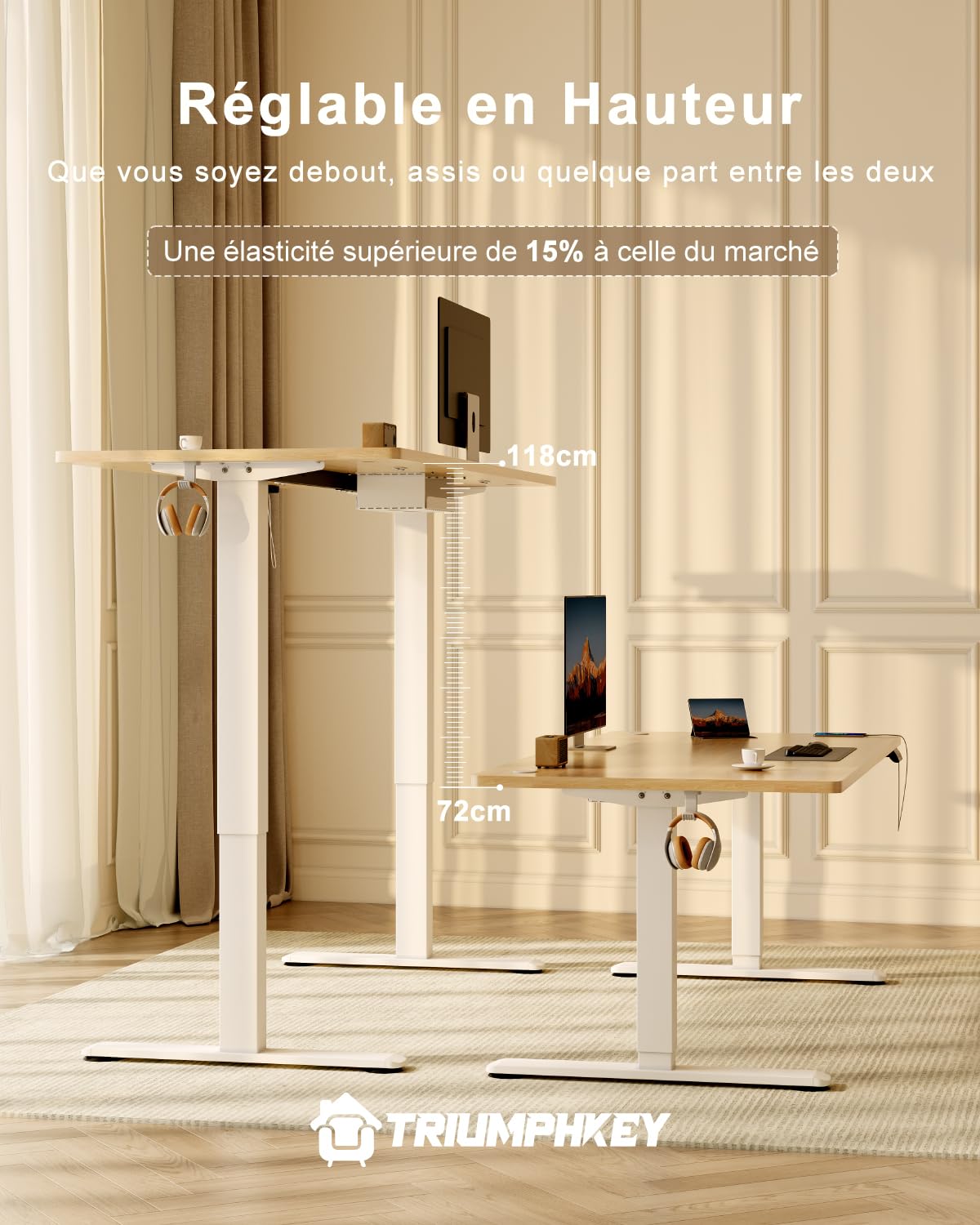 TRIUMPHKEY Bureau Réglable en Hauteur 160x80 cm, avec Rappel de Sédentarité et 3 Mémoires, Port USB-A, Système Anti-Collision, Bureau de Télétravail, Beige