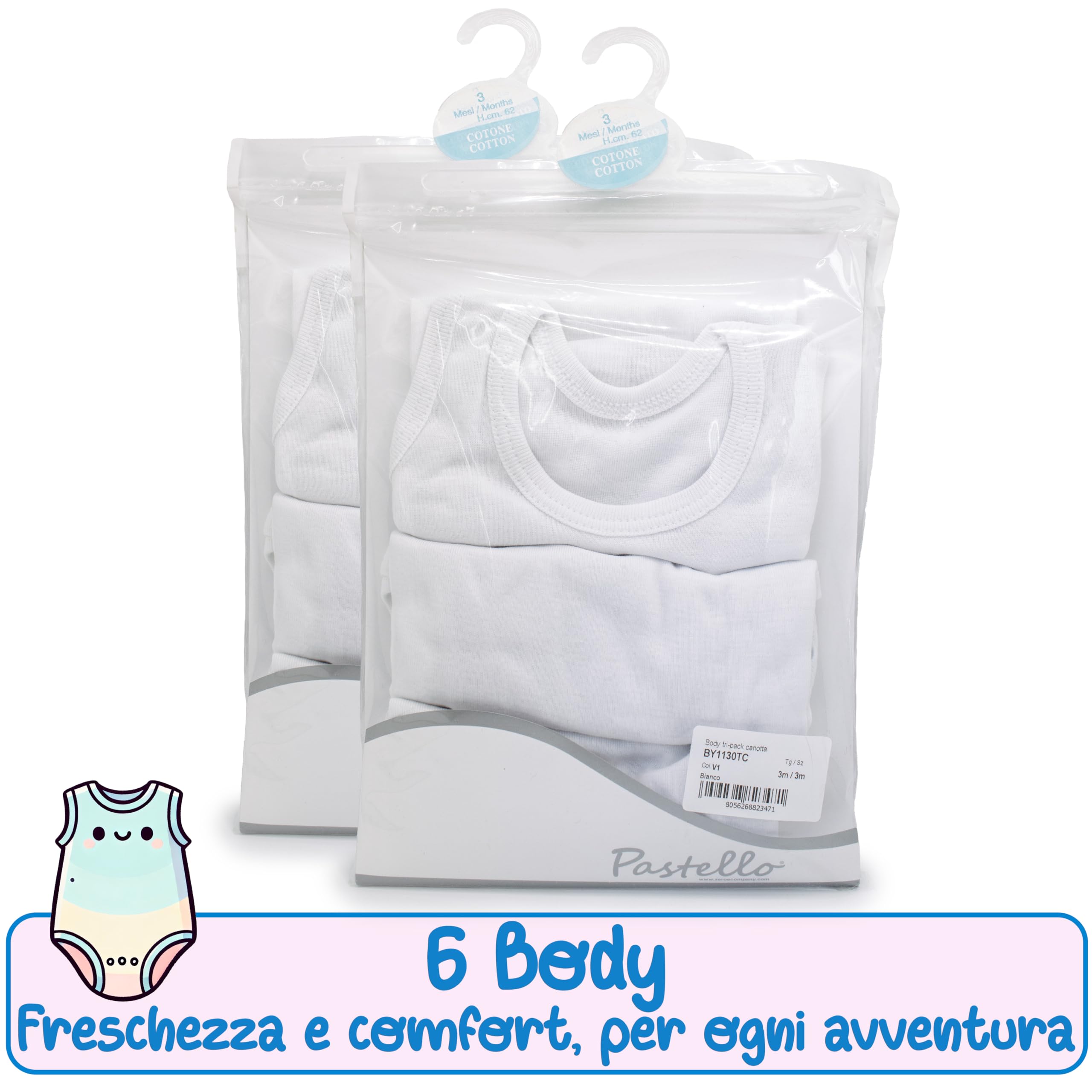 PASTELLO - 6 unidades Body para bebé 100% algodón, paquete de 6 unidades, camiseta sin mangas, práctica y cómoda (Art. BY1130TC)
