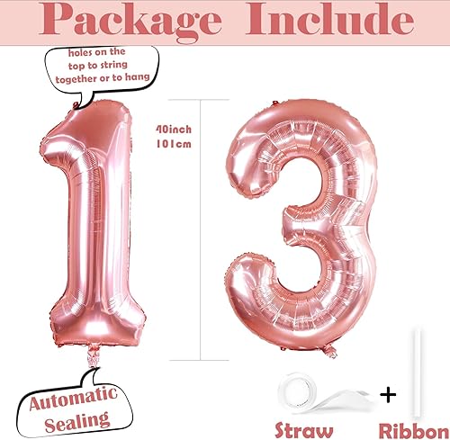 Miniatura 3 de Globos de oro rosa de 40 pulgadas con el número 13, globos gigantes de helio con el número 13 para fiestas de cumpleaños de 1331 para niñas y