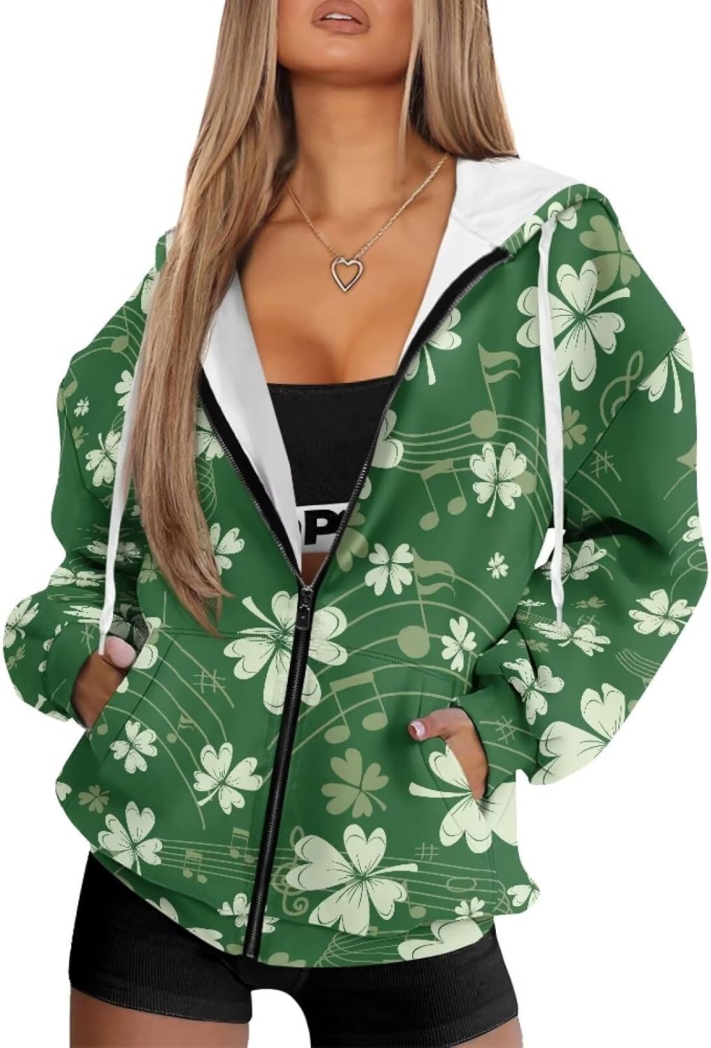 Women Novelty Hoodie Green Leaves Music Hoodies Lightweight Zip Up Long Sleeve Casual Ladies Drop Shoulder Hooded Sweatshirts Shirts Tops