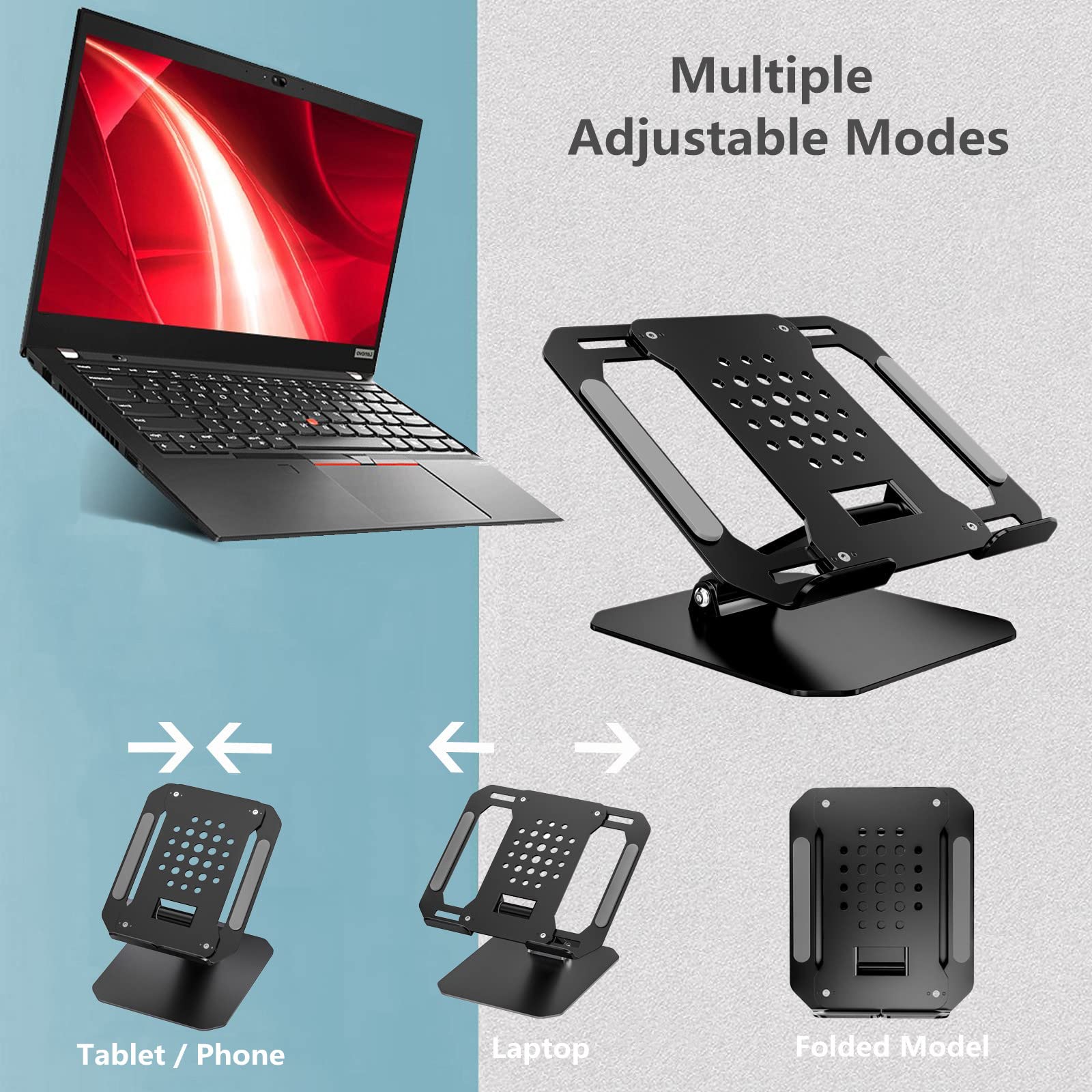 Gitsee Adjustable Laptop Stand Adjust Height & Foldable Portable Aluminium Computer Riser Desktop Tablet Phone Cooling Metal Holder for Desk Bed Sofa Pillow - Black