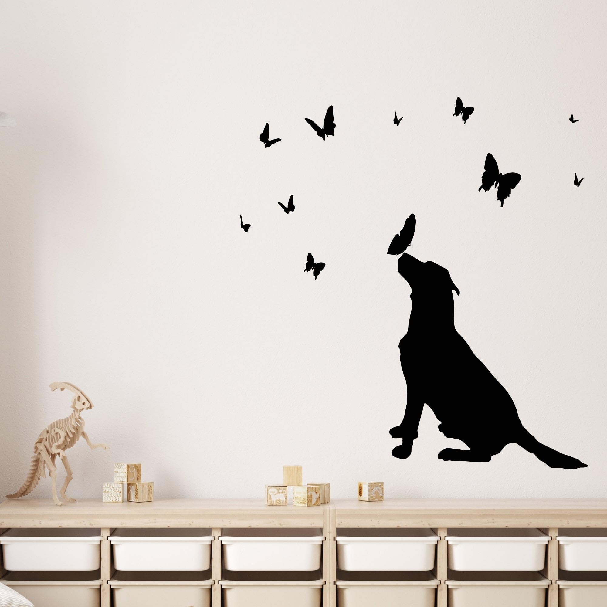 Large Vinyl Wall Decal Dog Silhouette with Butterflies Nursery Decor Stickers Mural (g9729) Black