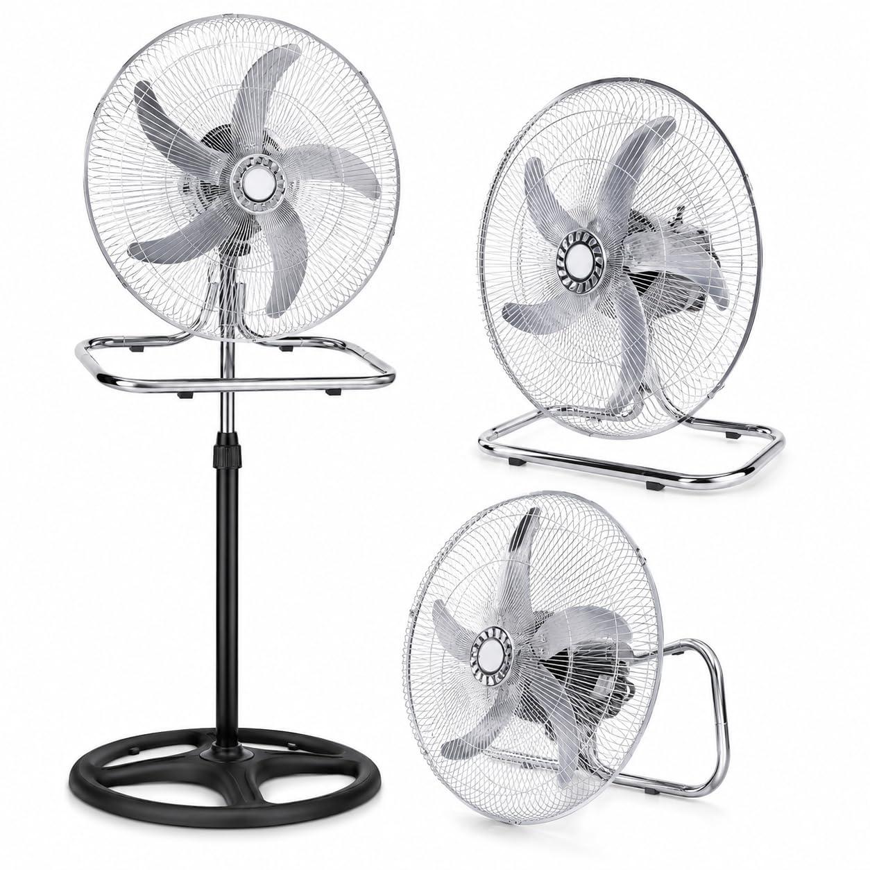 Generico Ventilatore 3 in 1 da Terra e Tavolo Cromato, Ventilatore Oscillante con Piedistallo Regolabile, Ventola Silenziosa ad Alta Potenza, Design Moderno in Metallo per Casa Ufficio Camera