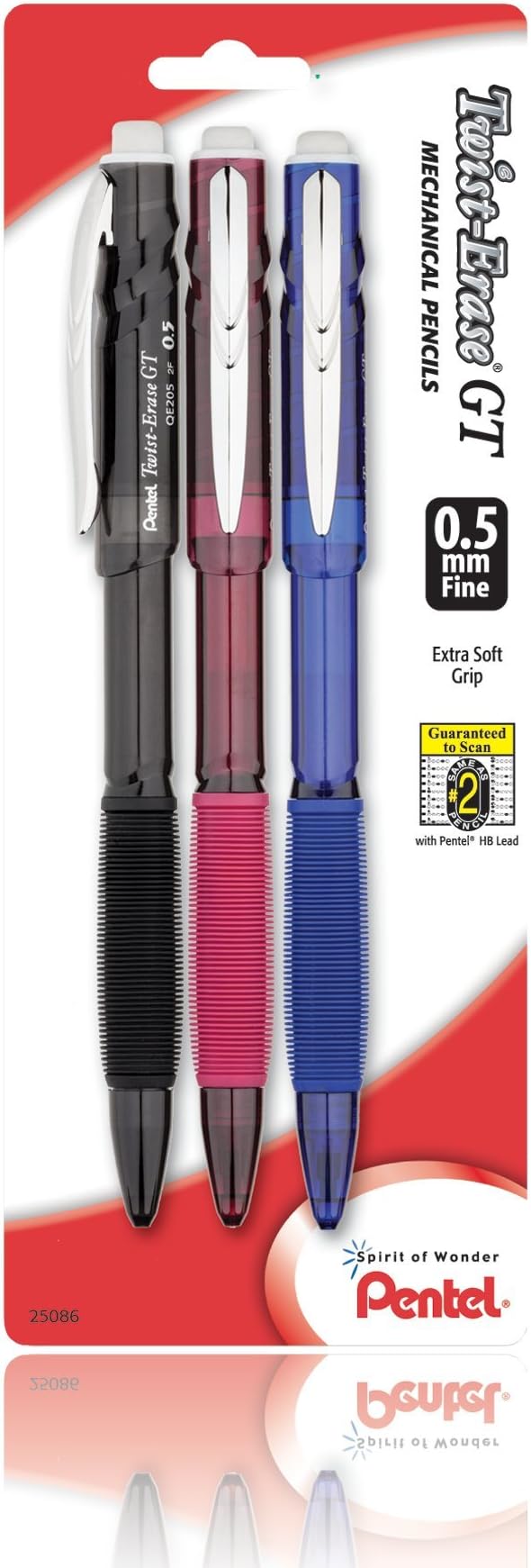 Pentel Twist-Erase GT (0.5mm) Mechanical Pencil, Assorted Barrel Colors, Color May Vary, Pack of 3 (QE205BP3M)