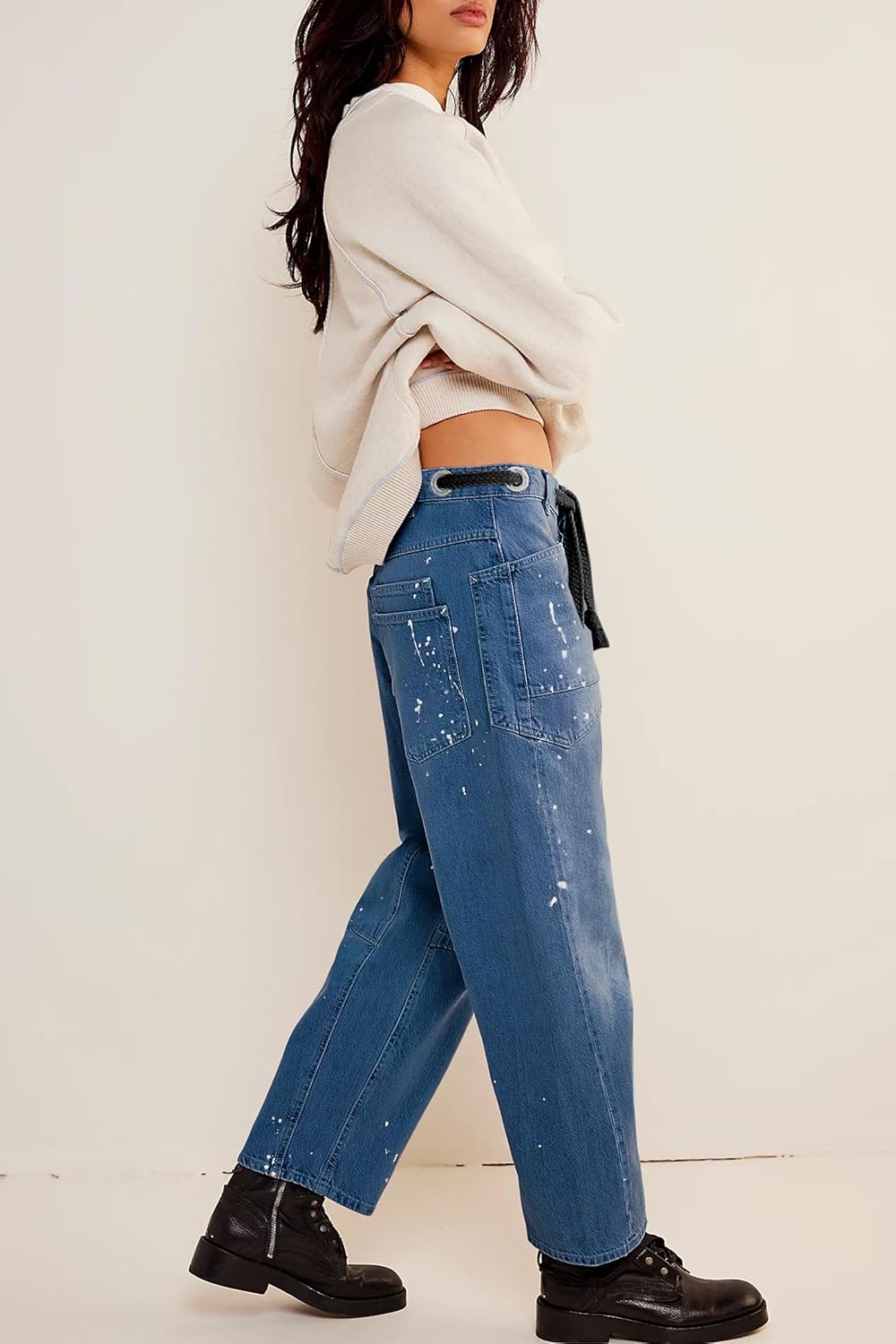 Cicy Bell Womens Baggy Barrel Horseshoe Jeans Wide Leg Drawstring Vintage Denim Pants with Front Pockets - Image 3