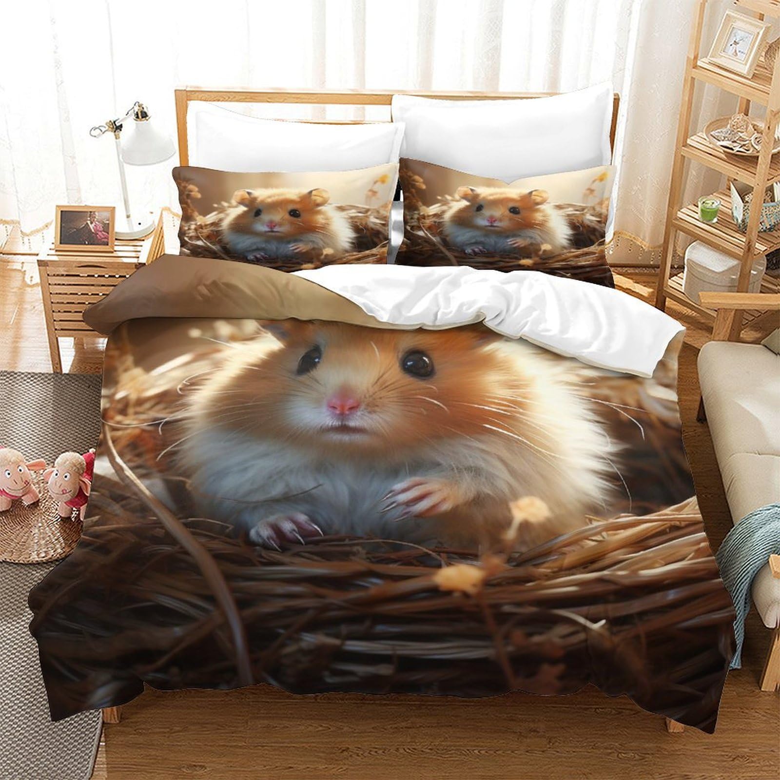 Mouse's Nest Bedding Set 3D Printed Hamsters Quilt Cover with Zipper Closure Duvet Cover Luxe Comforter Covers with Pillowcases Microfiber for Childrens and Adults Full（203x228cm）