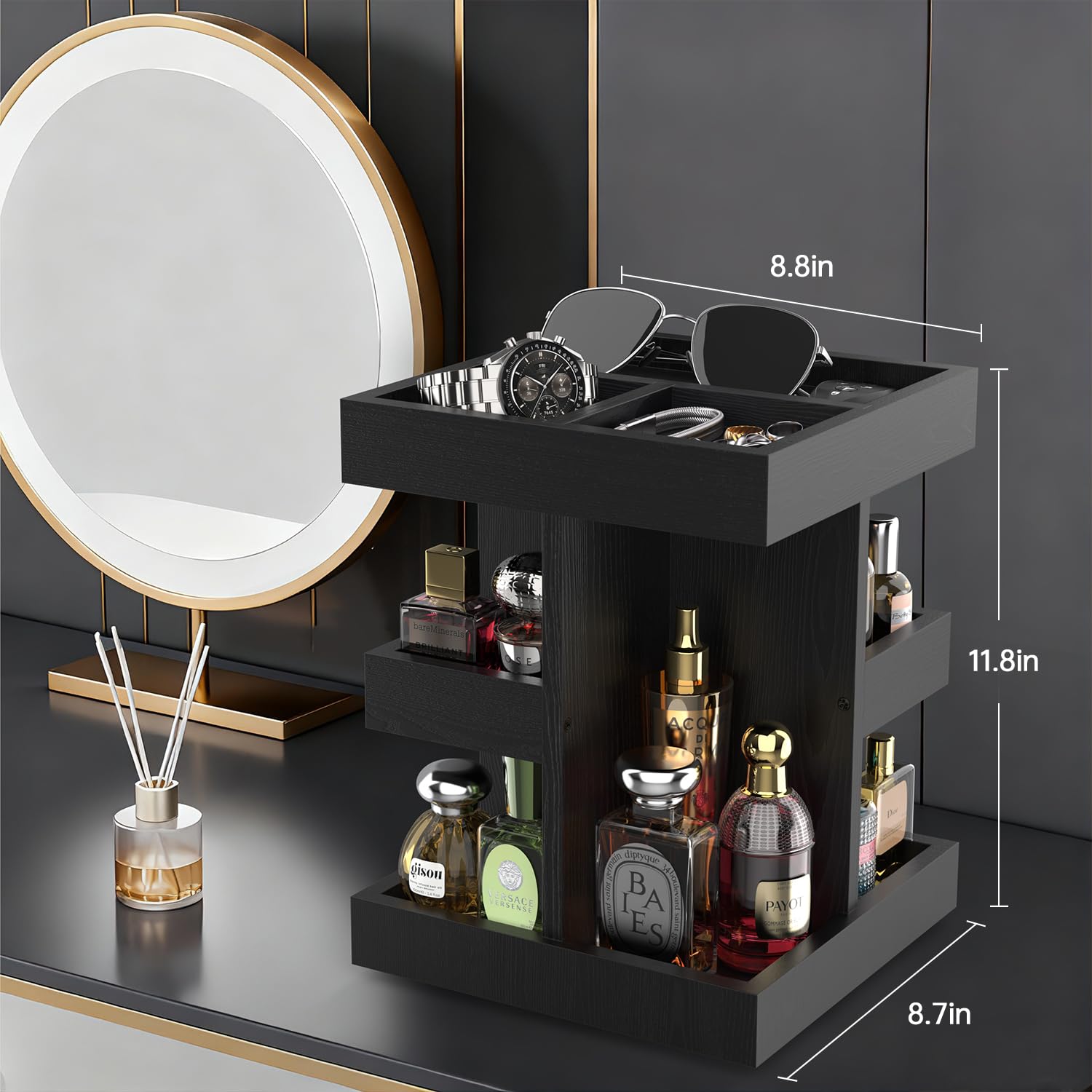 Rotating 3-Tier Solid Wood Cologne Organizer