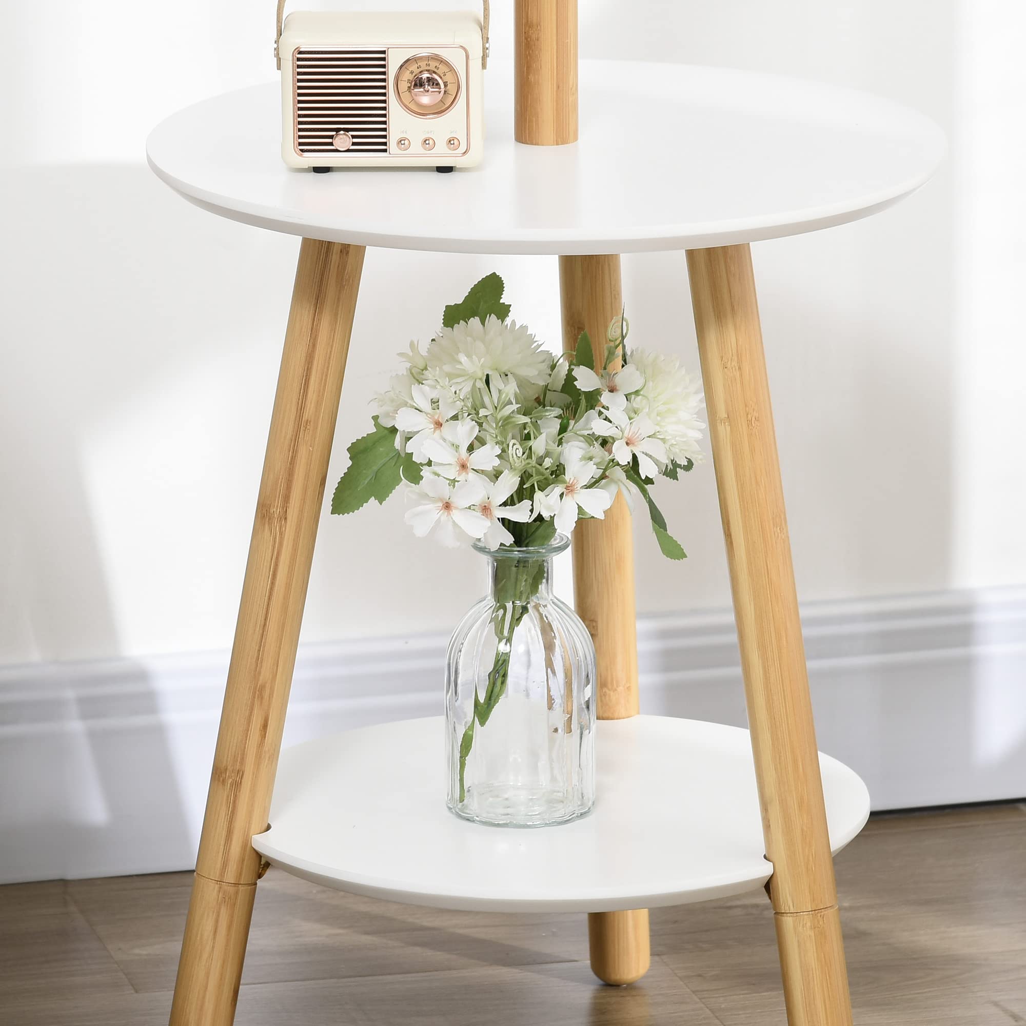 HOMCOM Appendiabiti da Terra per Ingresso 39.5x39.5x171 cm Legno e Bianco | MDF e Alluminio, 5 Ganci in Bambù, Tavolino Rotondo da Caffè