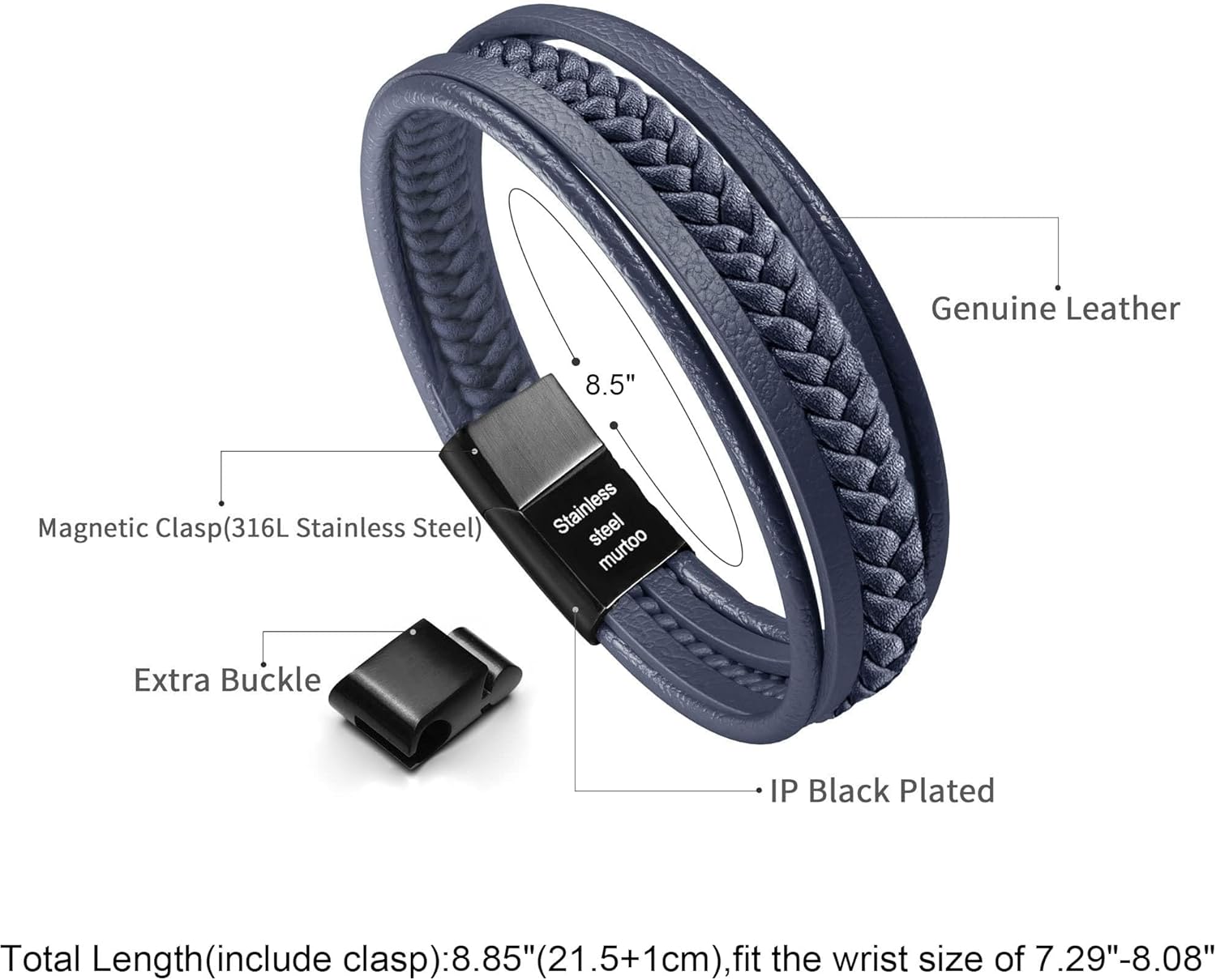 murtoo Mens Leather Bracelet with Clasp Cowhide Multi-Layer Braided Leather Mens Bracelet - Image 2