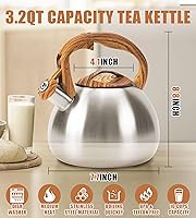 Vista 2 de Hervidor de agua clásico de acero inoxidable de 3.2 cuartos de galón, acabado de metal cepillado con mango de madera, caldera de agua para estufa