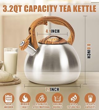 3.2Qt Stainless Steel Whistling Tea Kettle Stovetop, Silver | Loud Whistling Spout, Cool Touch Wood Grain Handle, Rustproof Food Grade Steel, Compatible With All Stovetops