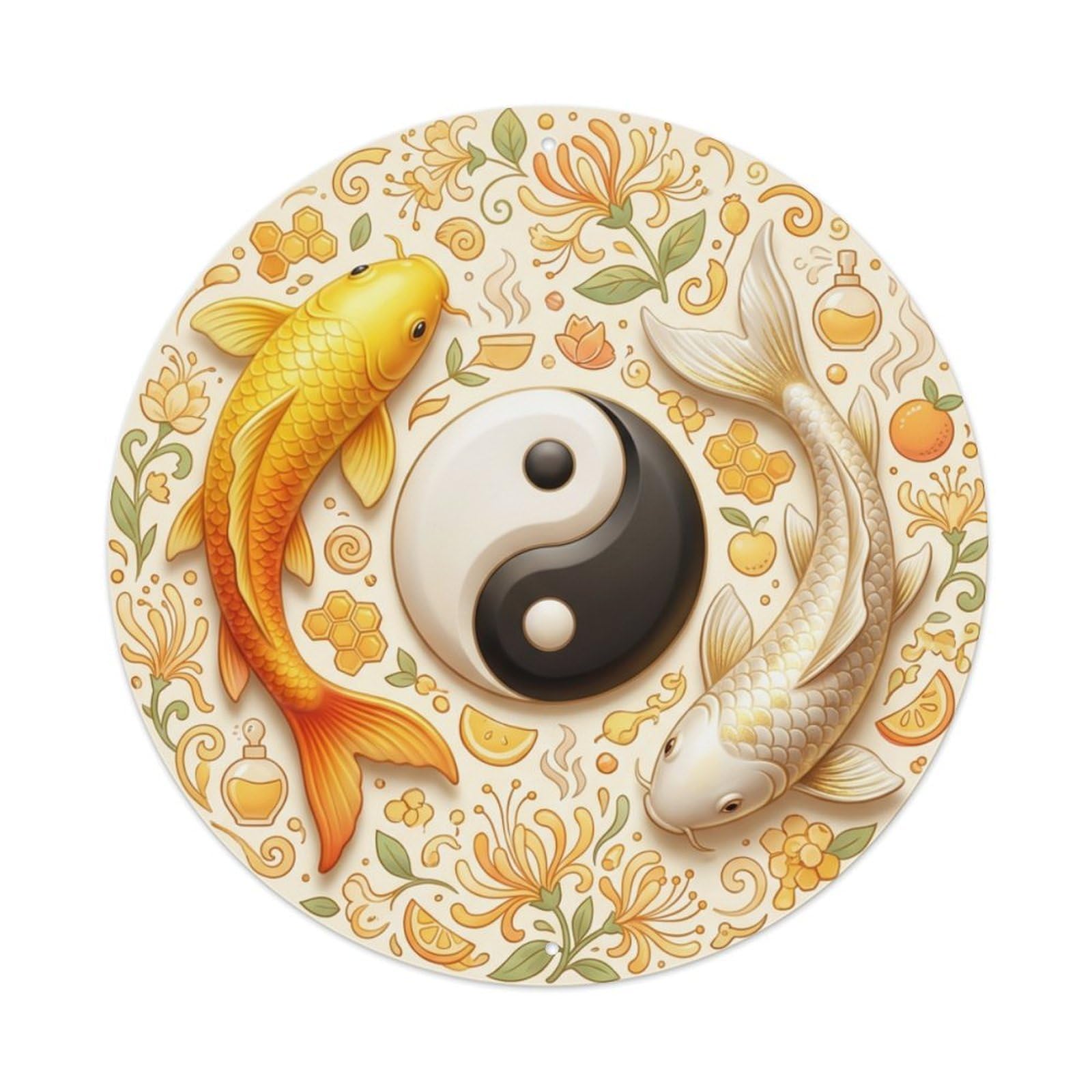 Metal Tin Sign Tai Chi Koi Fish Honeysuckle
