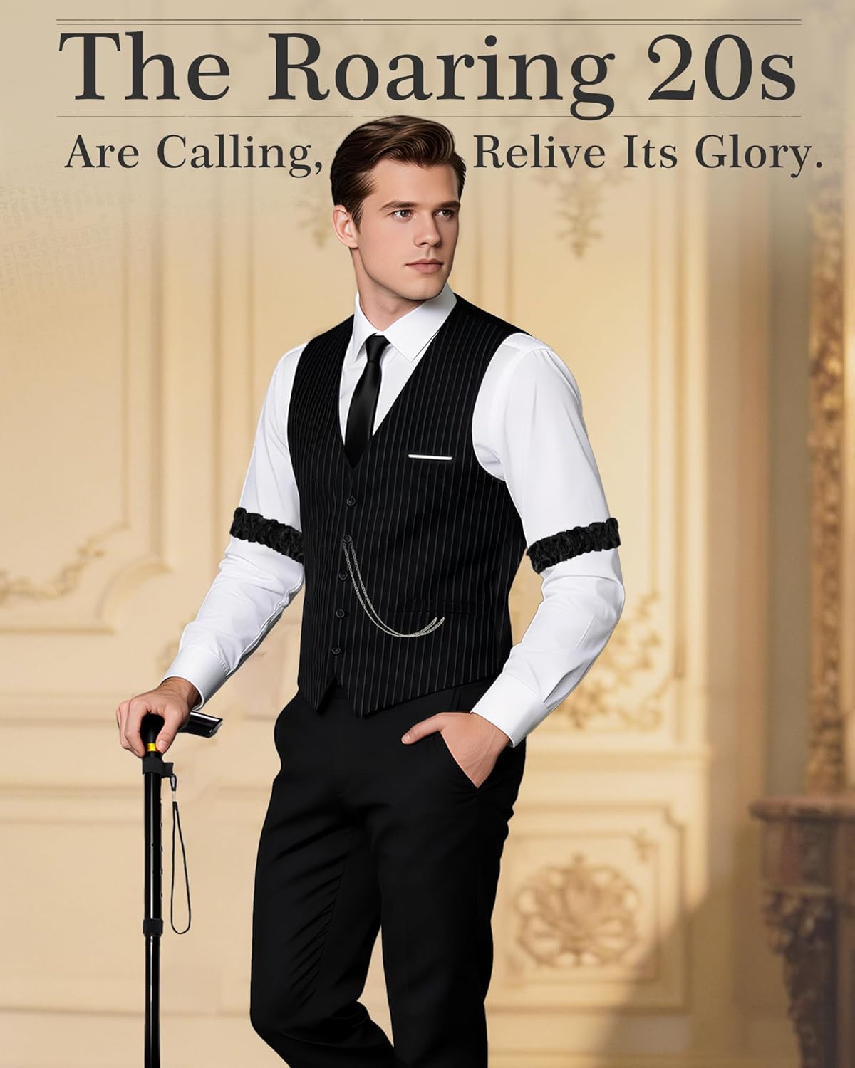 1920s Mens Costume, Roaring 20s Costumes for Men 1920s Mens Outfit with Walking Cane Vest Hat 1920 Mens Accessories